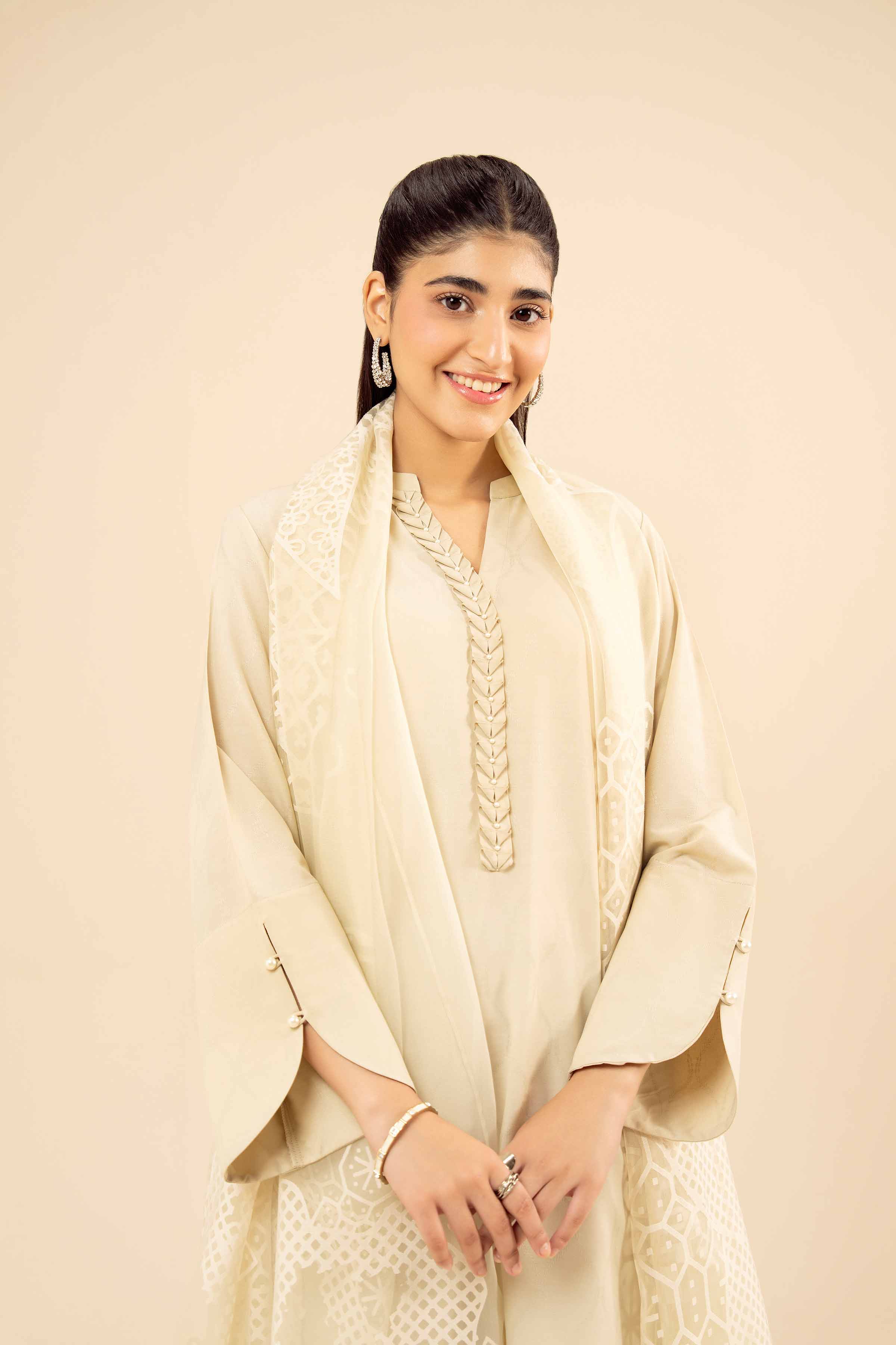 NISHATUAE - Beige Printed Jacquard 3-piece Ready to wear Suit