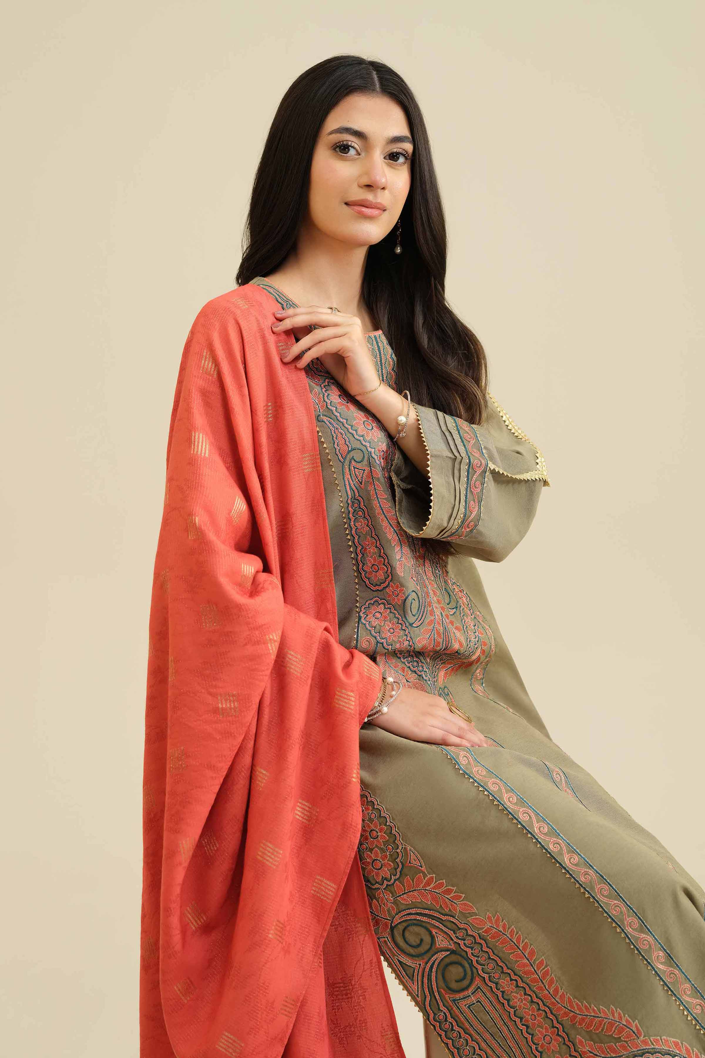 NISHATUAE - Green Embroidered Silk 3-piece Ready to wear Suit