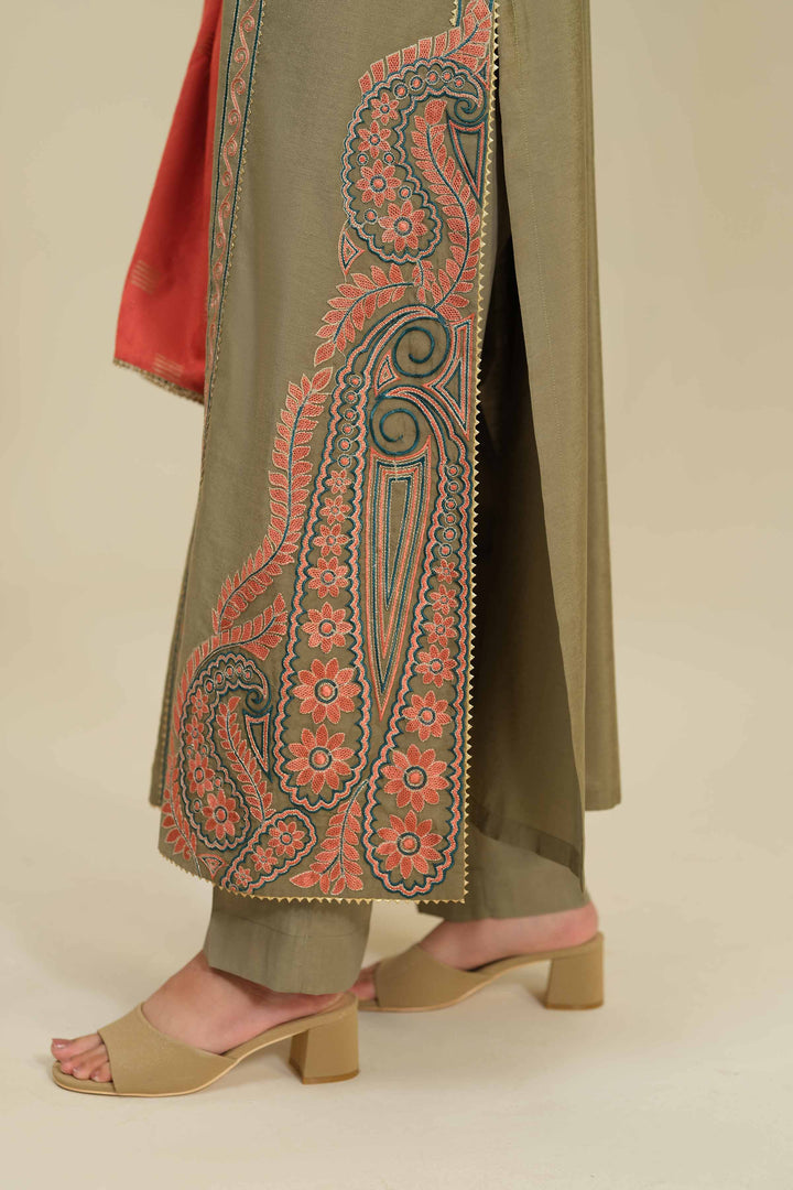 NISHATUAE - Green Embroidered Silk 3-piece Ready to wear Suit