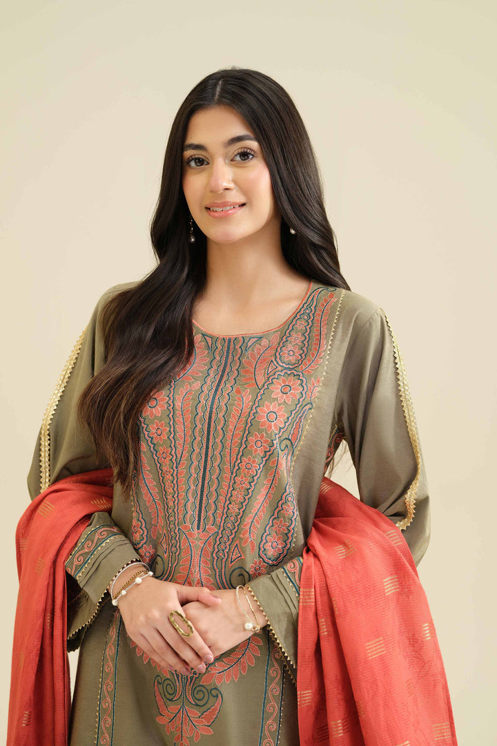 NISHATUAE - Green Embroidered Silk 3-piece Ready to wear Suit