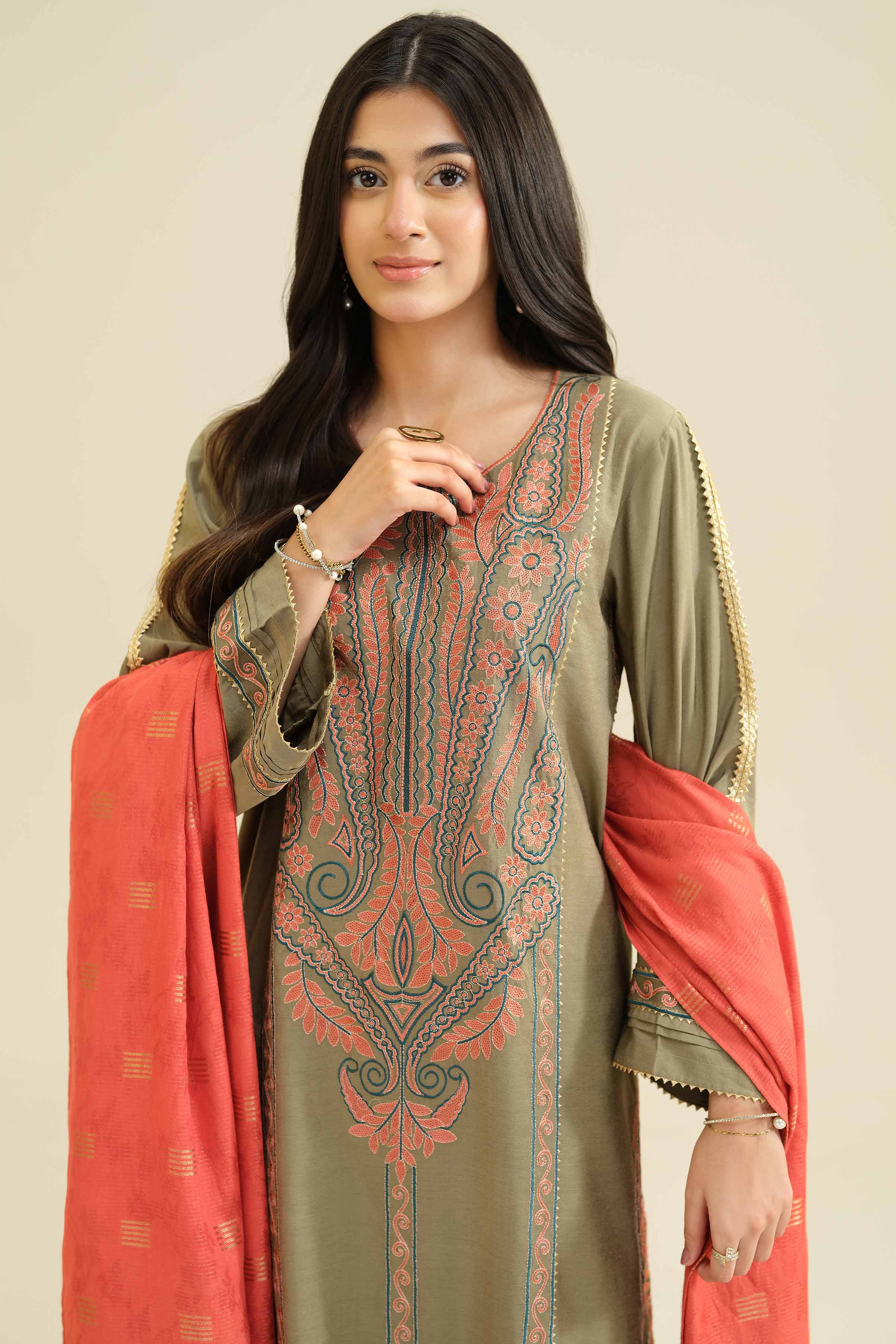 NISHATUAE - Green Embroidered Silk 3-piece Ready to wear Suit