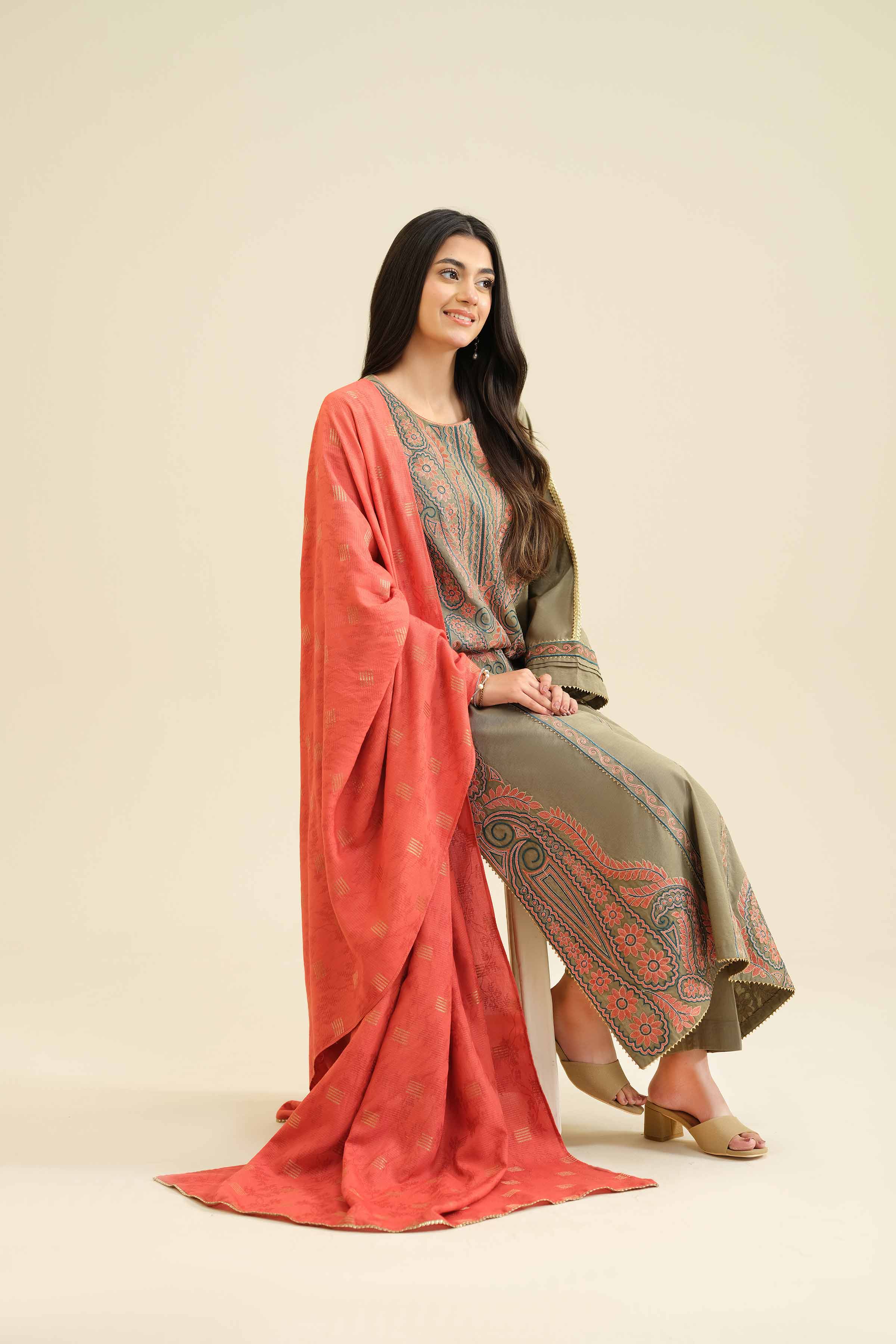 NISHATUAE - Green Embroidered Silk 3-piece Ready to wear Suit
