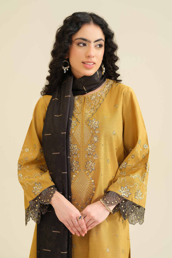 NISHATUAE - Mustard Embroidered Silk 3-piece Ready to wear Suit
