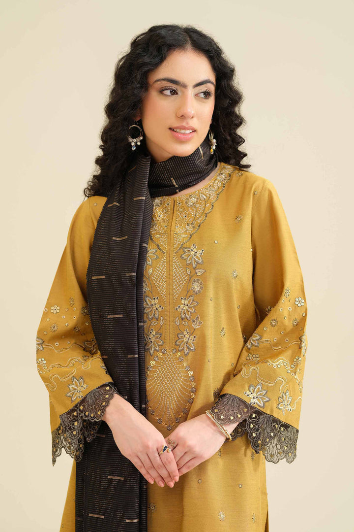 NISHATUAE - Mustard Embroidered Silk 3-piece Ready to wear Suit