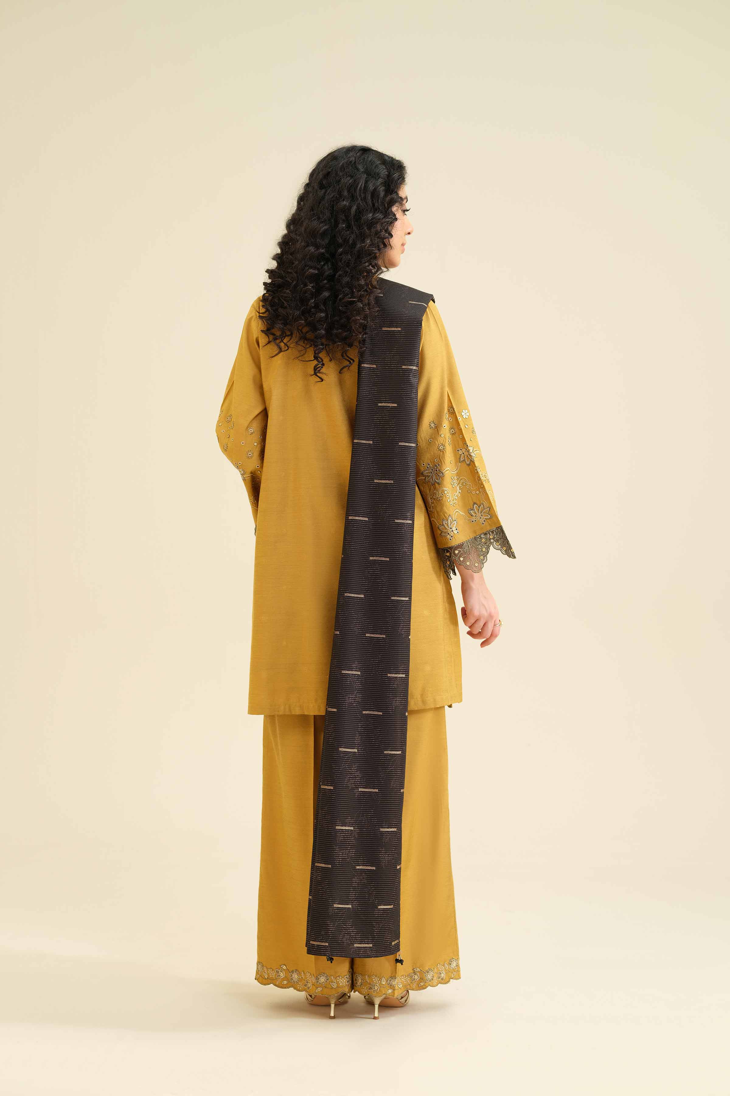 NISHATUAE - Mustard Embroidered Silk 3-piece Ready to wear Suit