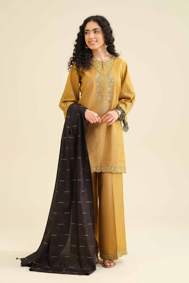 NISHATUAE - Mustard Embroidered Silk 3-piece Ready to wear Suit