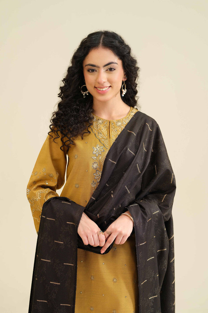 NISHATUAE - Mustard Embroidered Silk 3-piece Ready to wear Suit