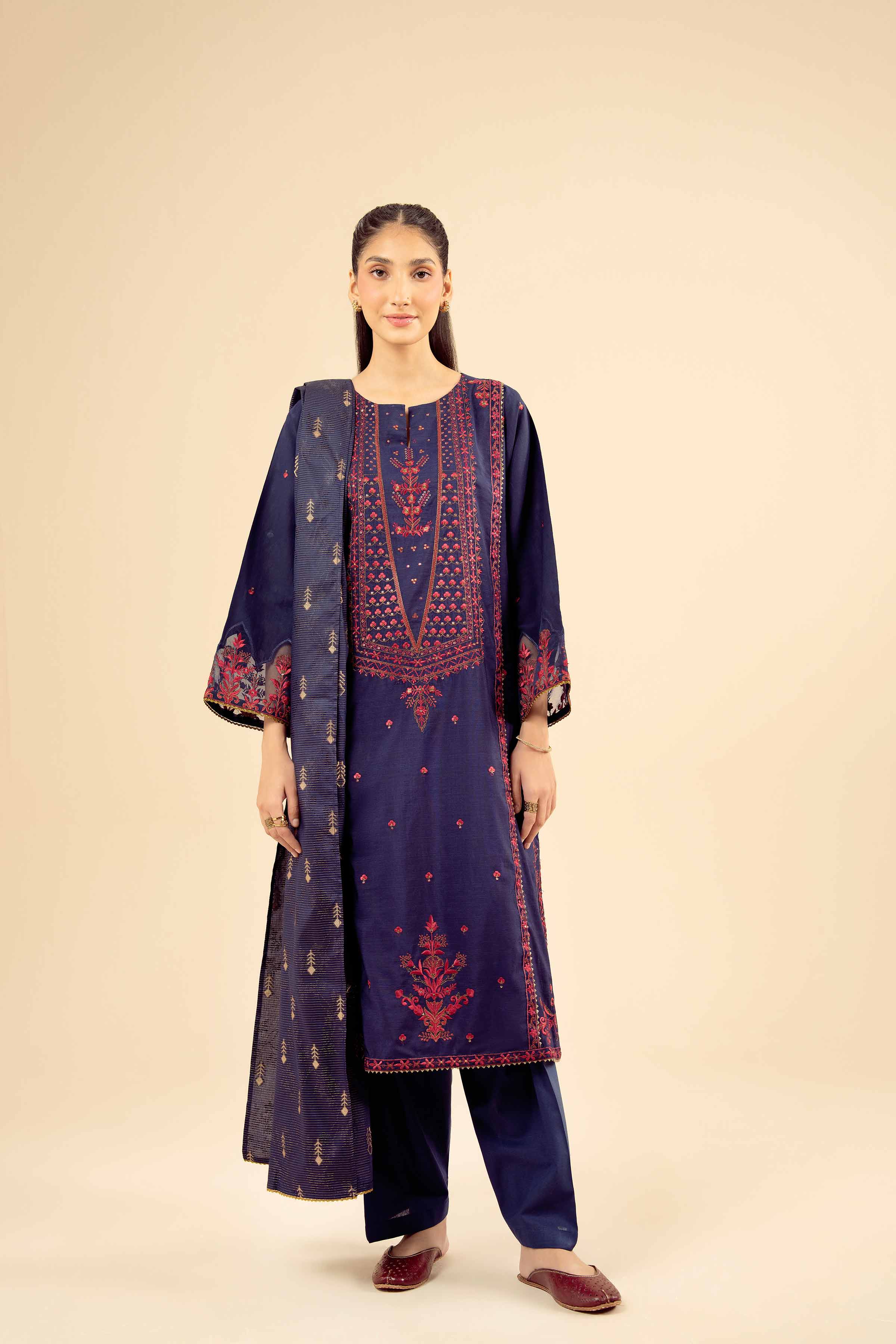 NISHATUAE - Blue Embroidered Silk 3-piece Ready to wear Suit