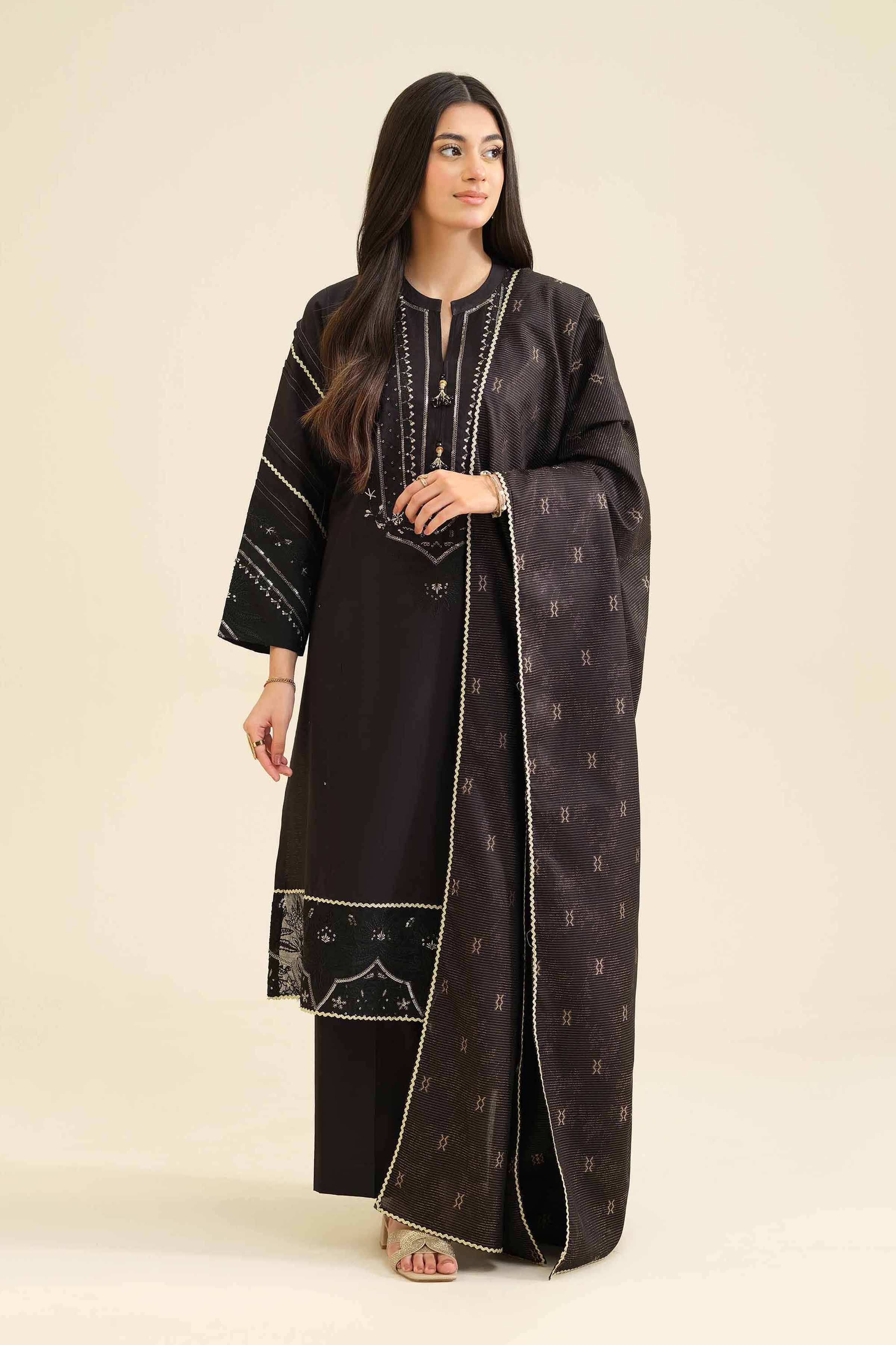 NISHATUAE - Black Embroidered Silk 3-piece Ready to wear Suit