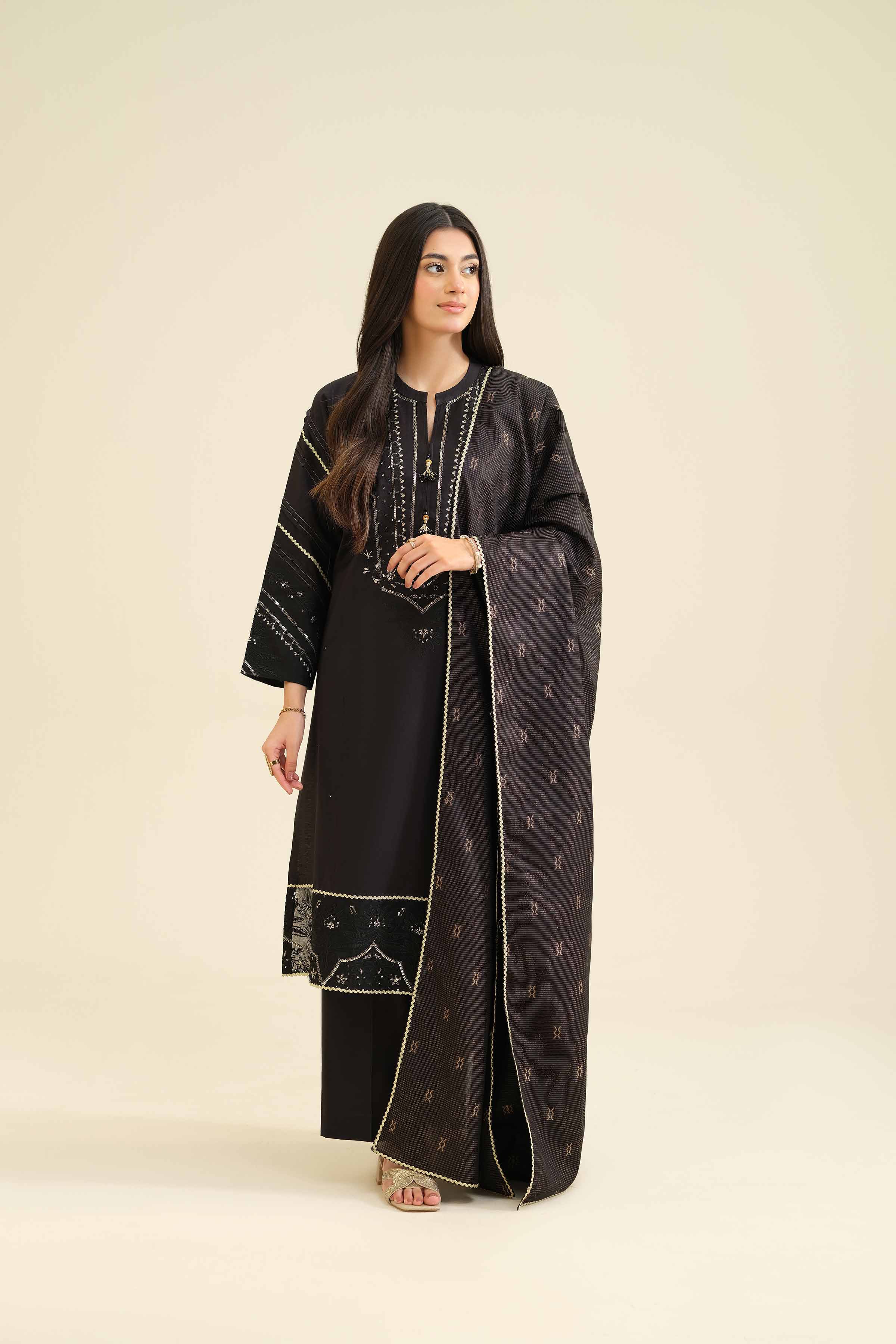 NISHATUAE - Black Embroidered Silk 3-piece Ready to wear Suit