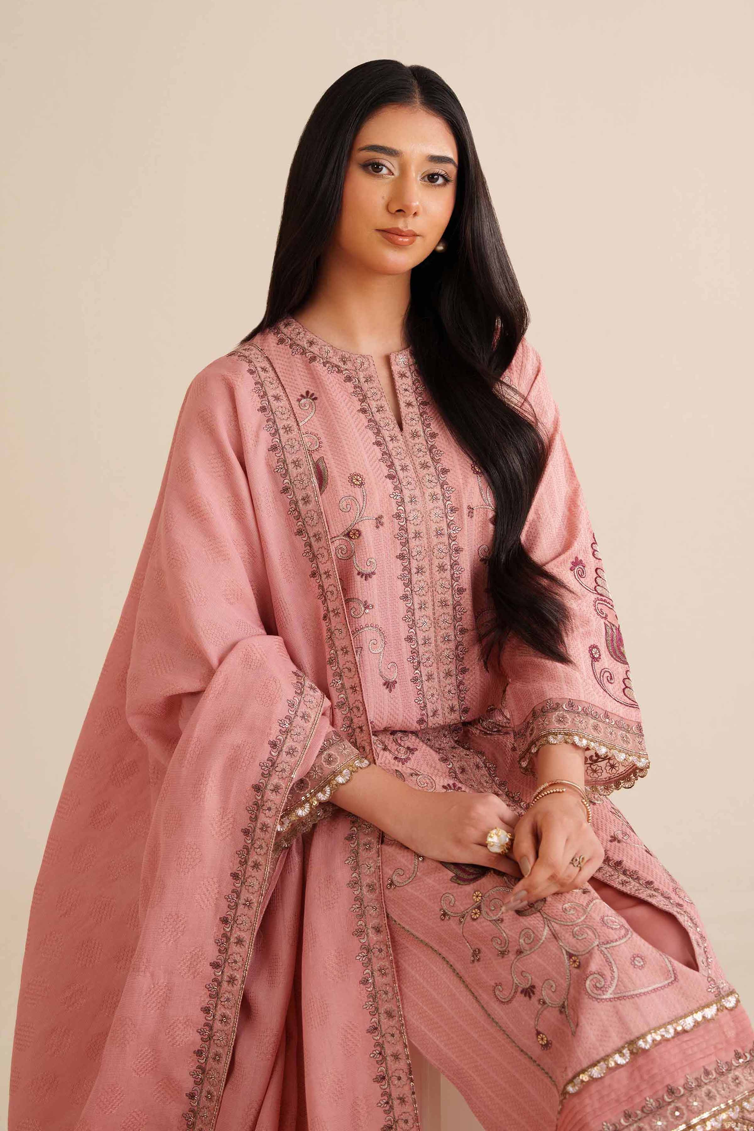 NISHATUAE - Pink Embroidered Jacquard 3-piece Ready to wear Suit
