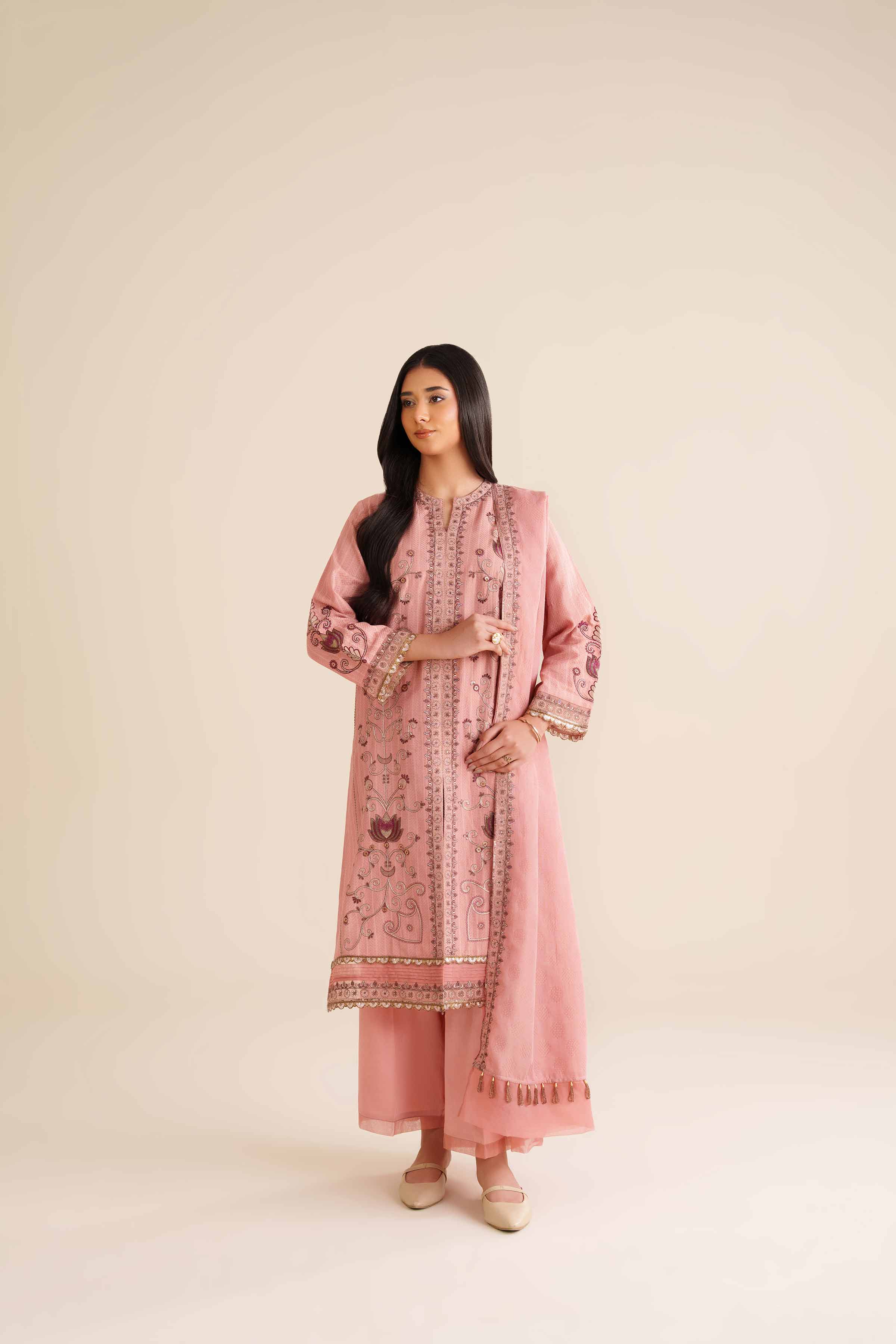 NISHATUAE - Pink Embroidered Jacquard 3-piece Ready to wear Suit