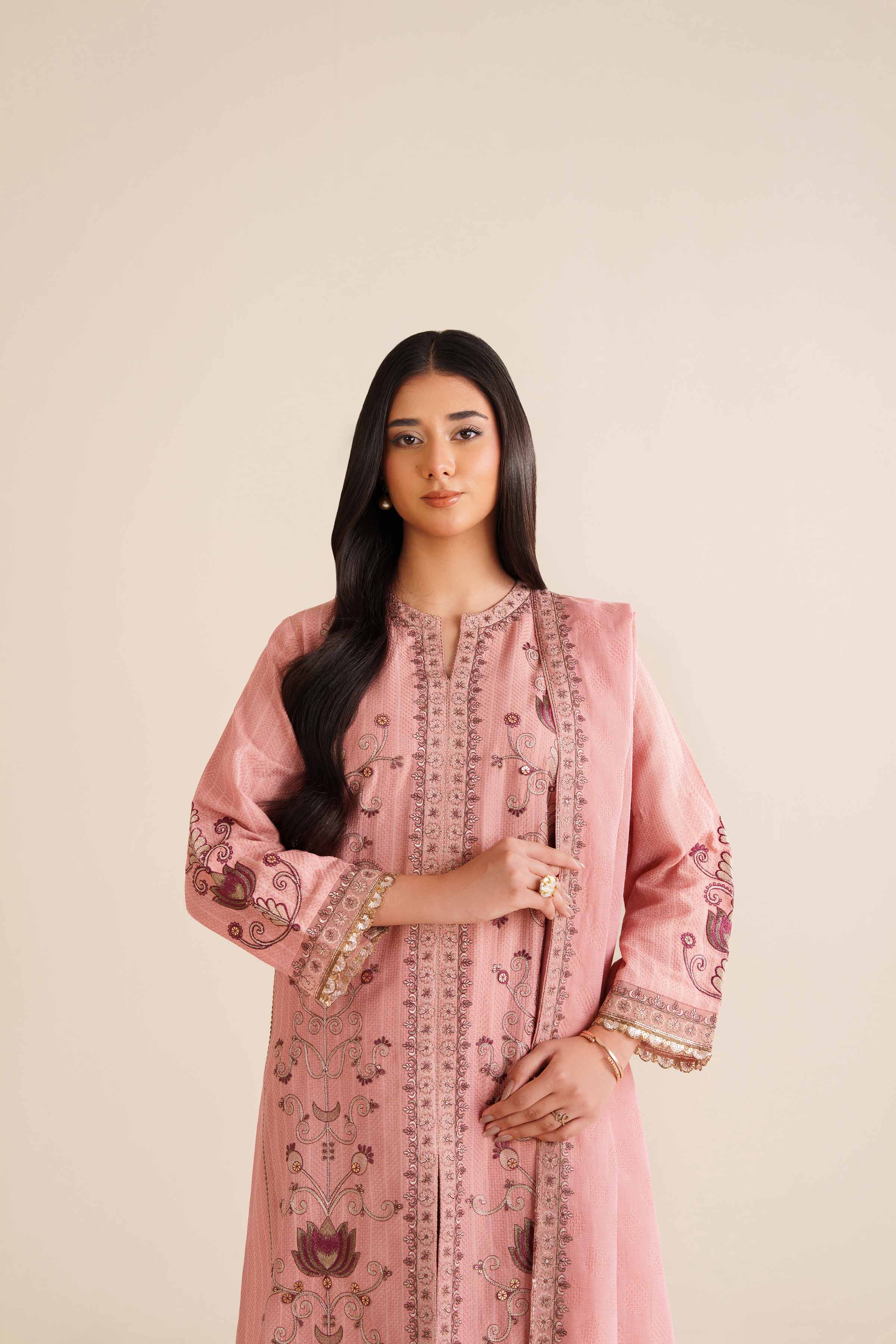 NISHATUAE - Pink Embroidered Jacquard 3-piece Ready to wear Suit