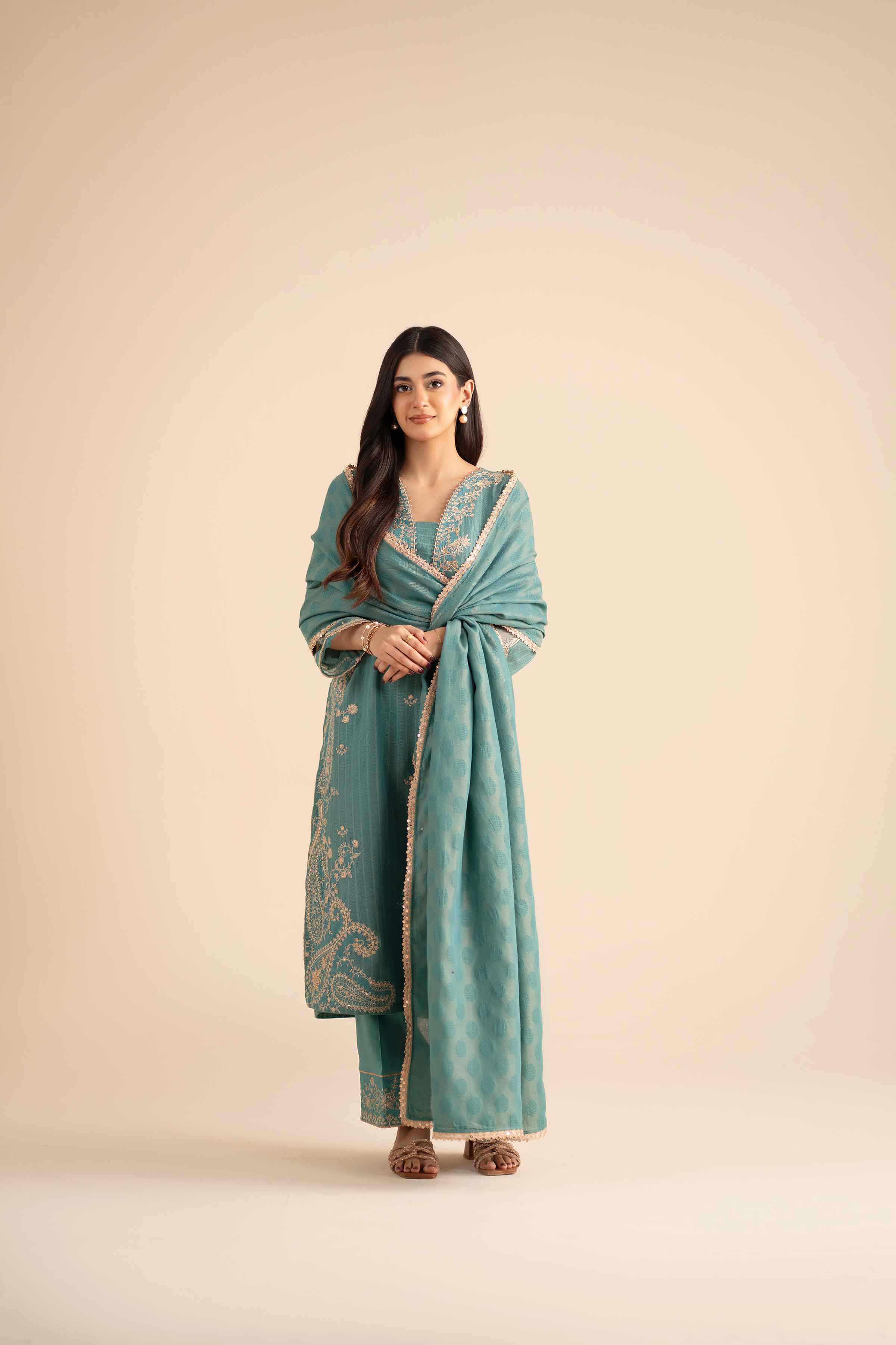 NISHATUAE - Blue Embroidered Jacquard 3-piece Ready to wear Suit