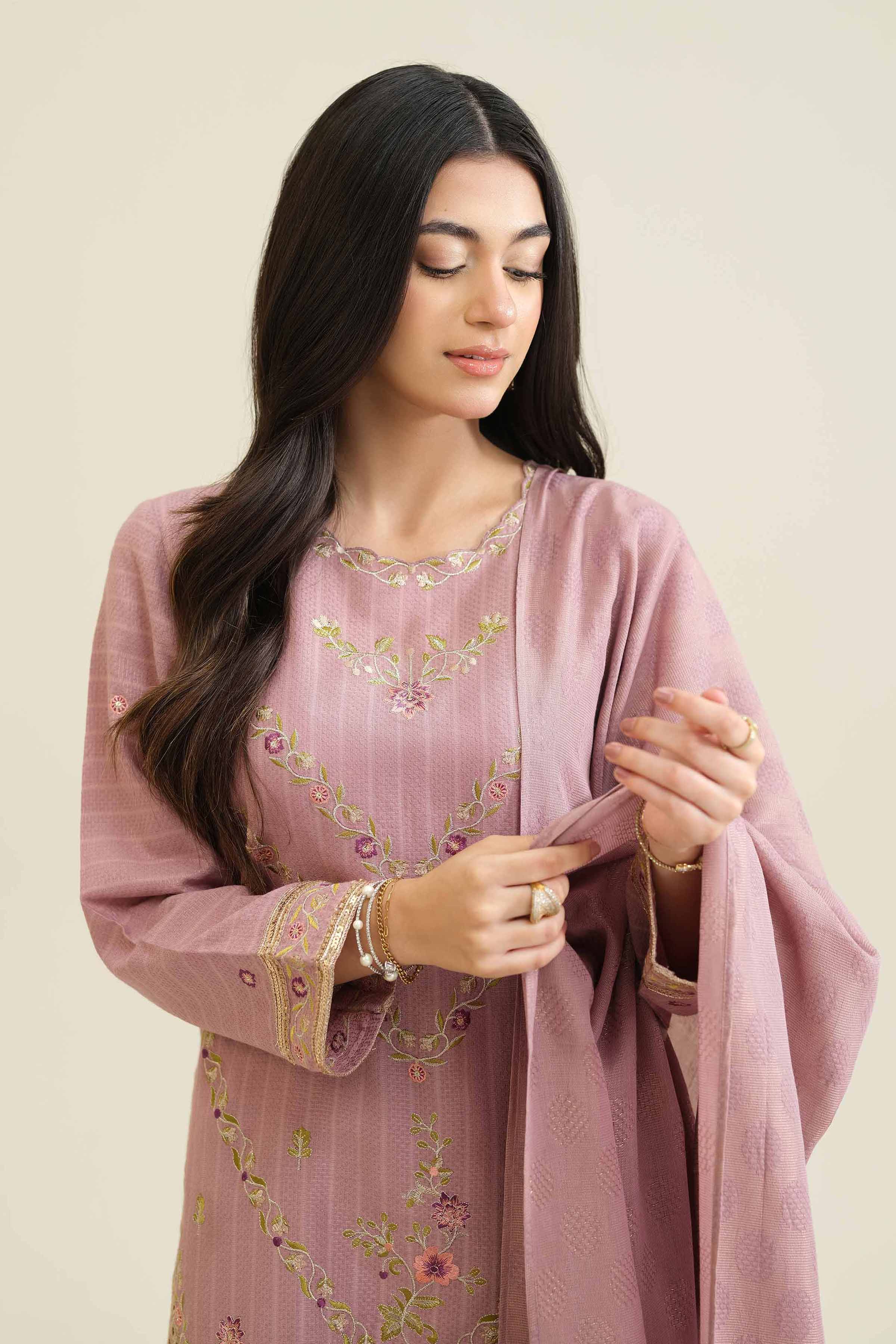NISHATUAE - Pink Embroidered Jacquard 3-piece Ready to wear Suit