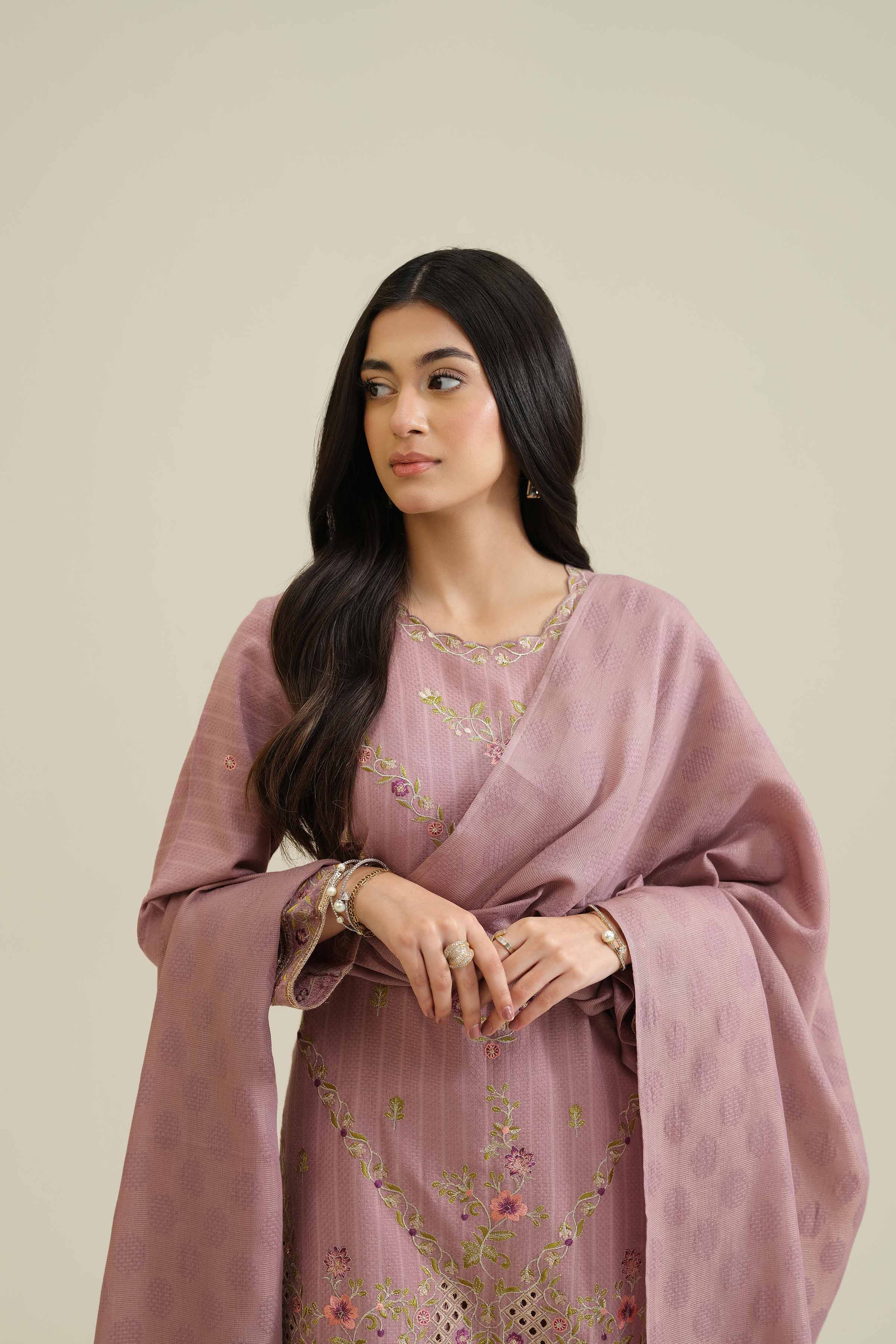 NISHATUAE - Pink Embroidered Jacquard 3-piece Ready to wear Suit