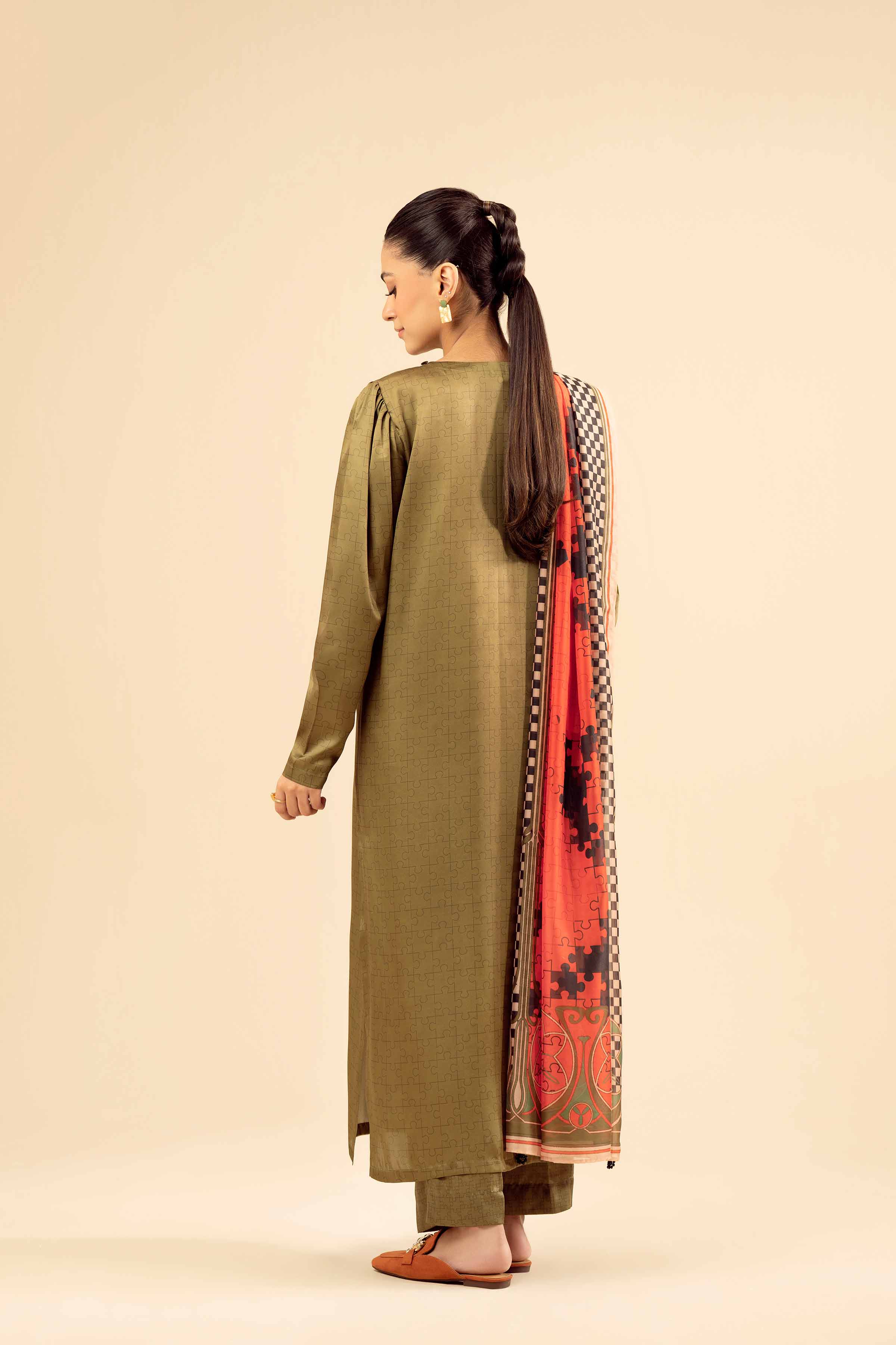 NISHATUAE - Green Printed Silk 3-piece Ready to wear Suit