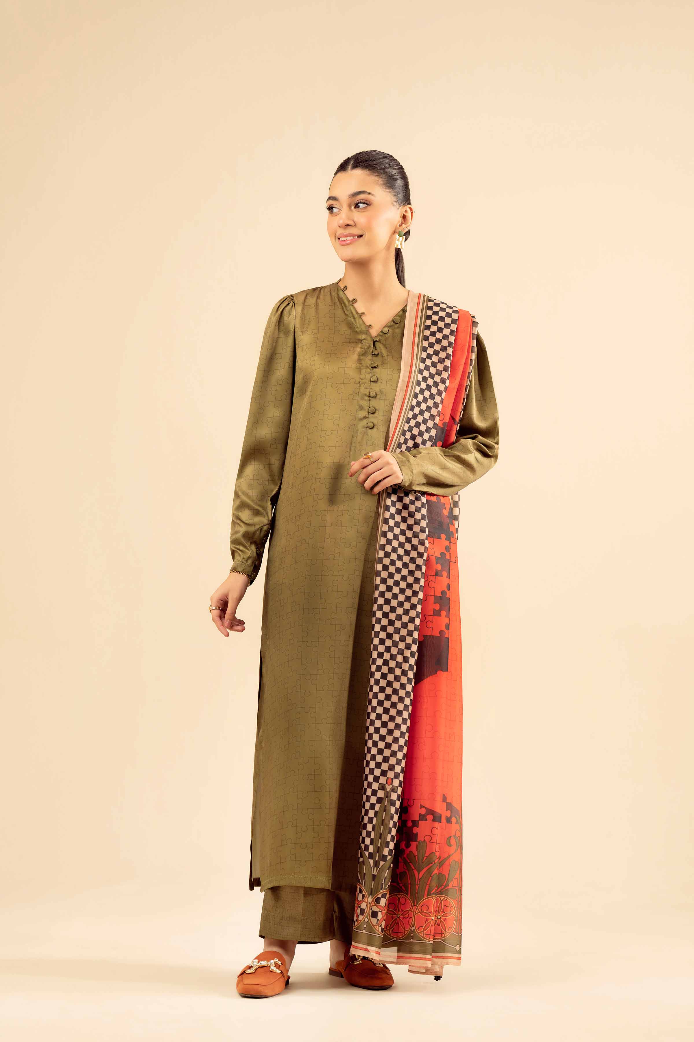 NISHATUAE - Green Printed Silk 3-piece Ready to wear Suit
