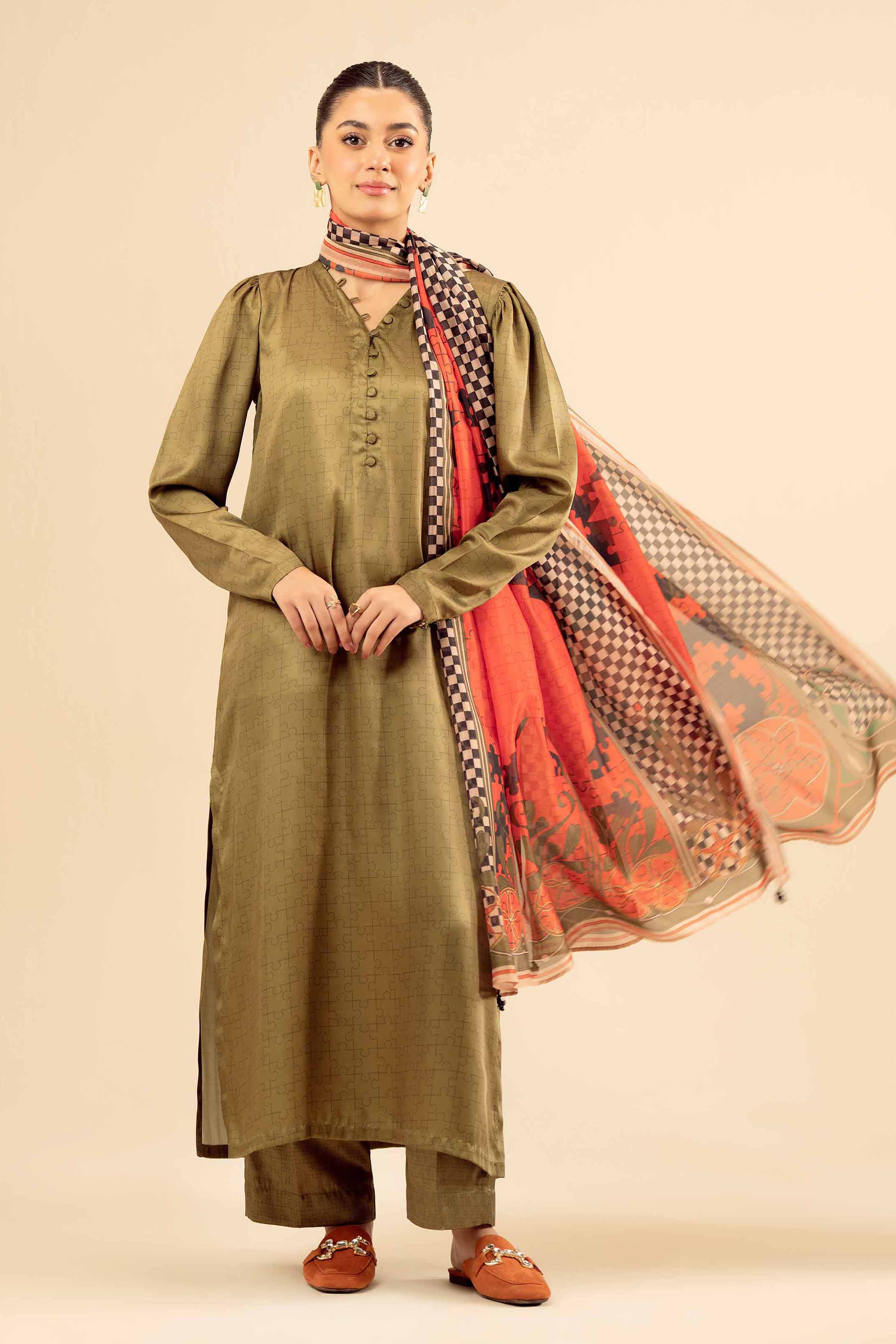NISHATUAE - Green Printed Silk 3-piece Ready to wear Suit