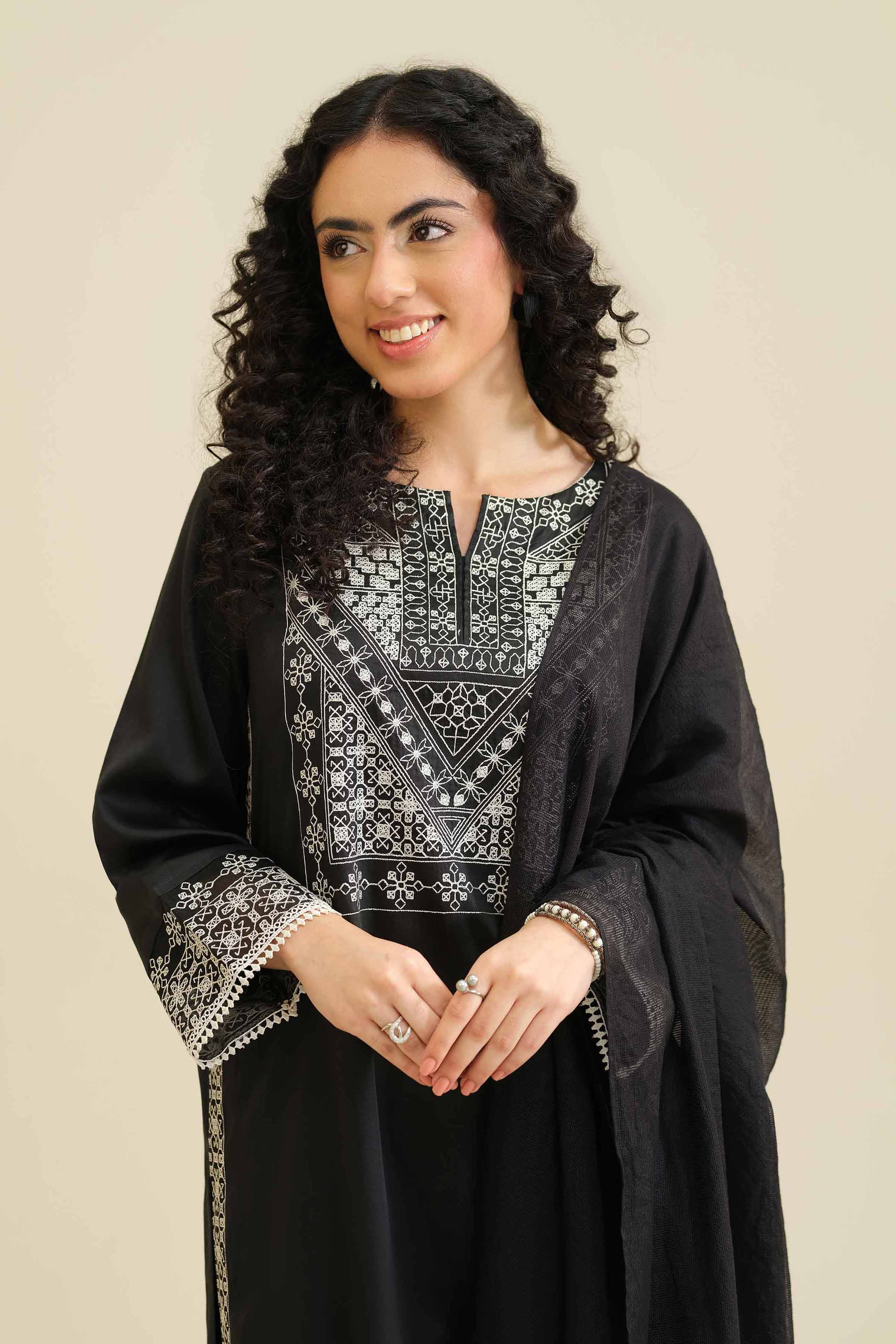 NISHATUAE - Black Embroidered Satin 3-piece Ready to wear Suit