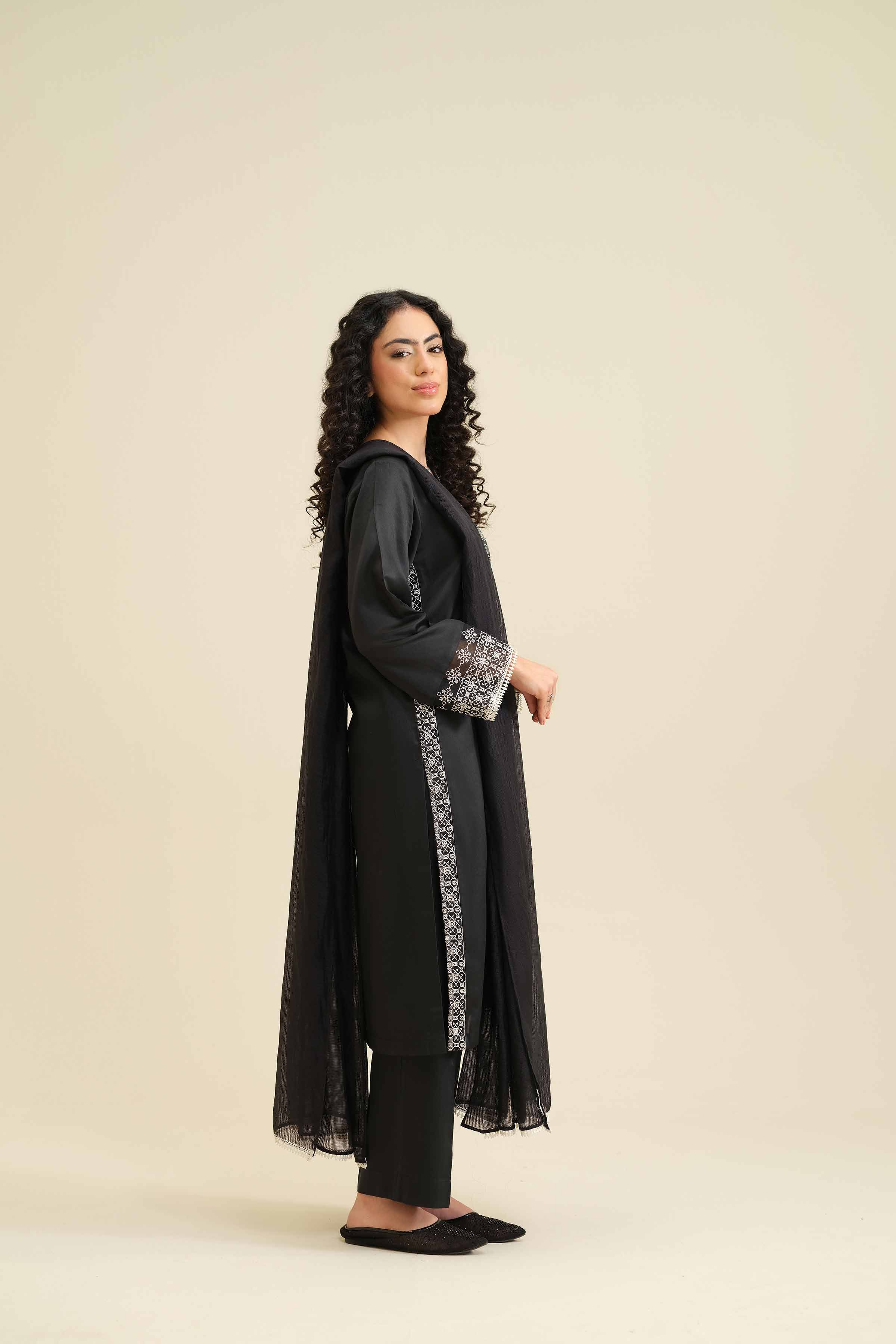 NISHATUAE - Black Embroidered Satin 3-piece Ready to wear Suit
