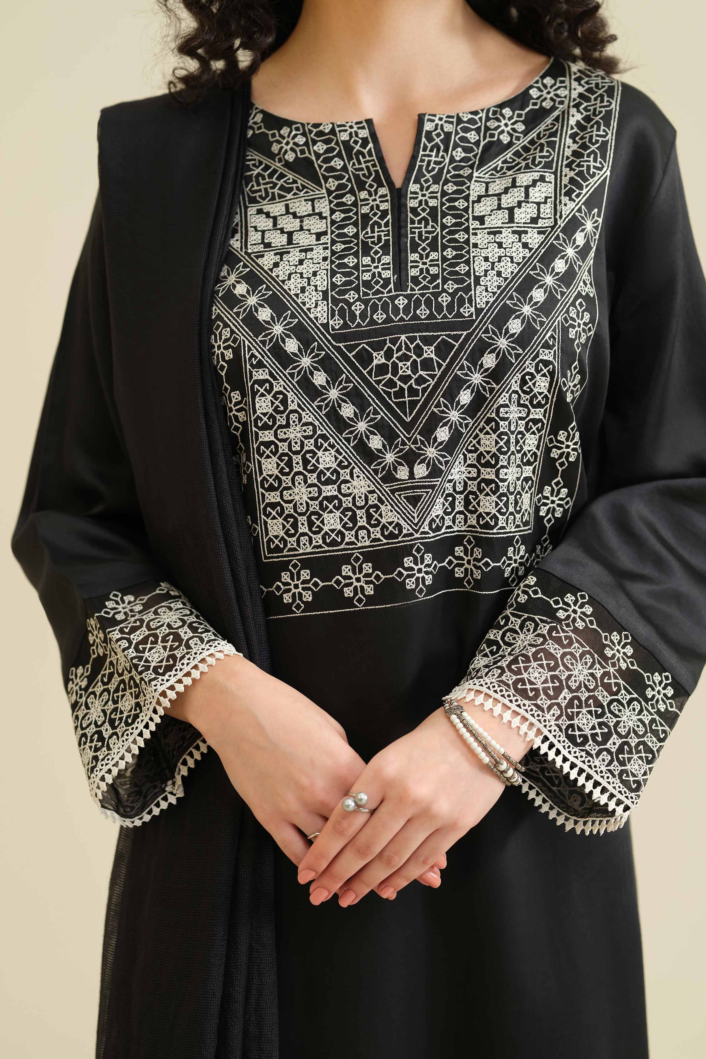 NISHATUAE - Black Embroidered Satin 3-piece Ready to wear Suit