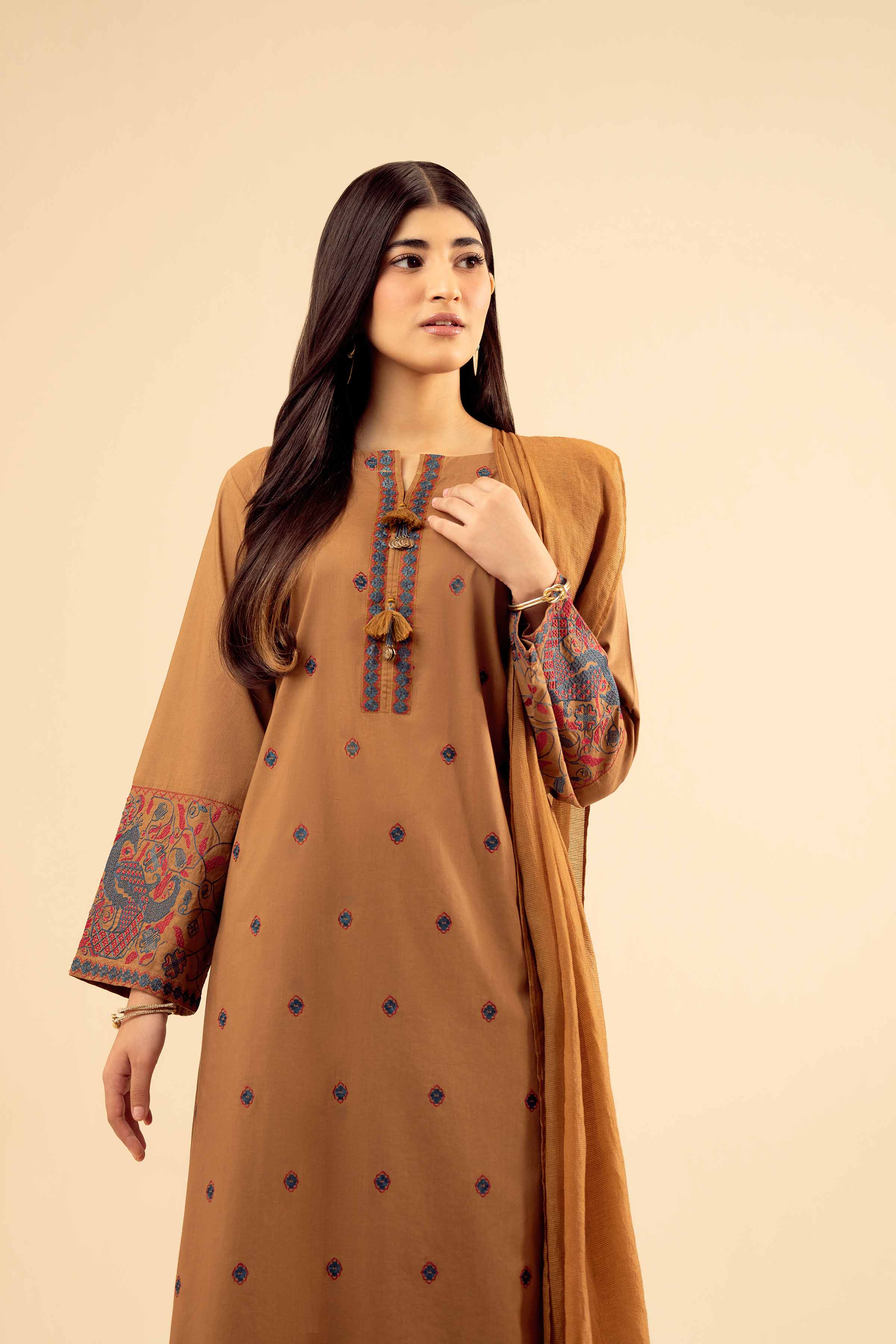 NISHATUAE - Brown Embroidered Cambric 3-piece Ready to wear Suit