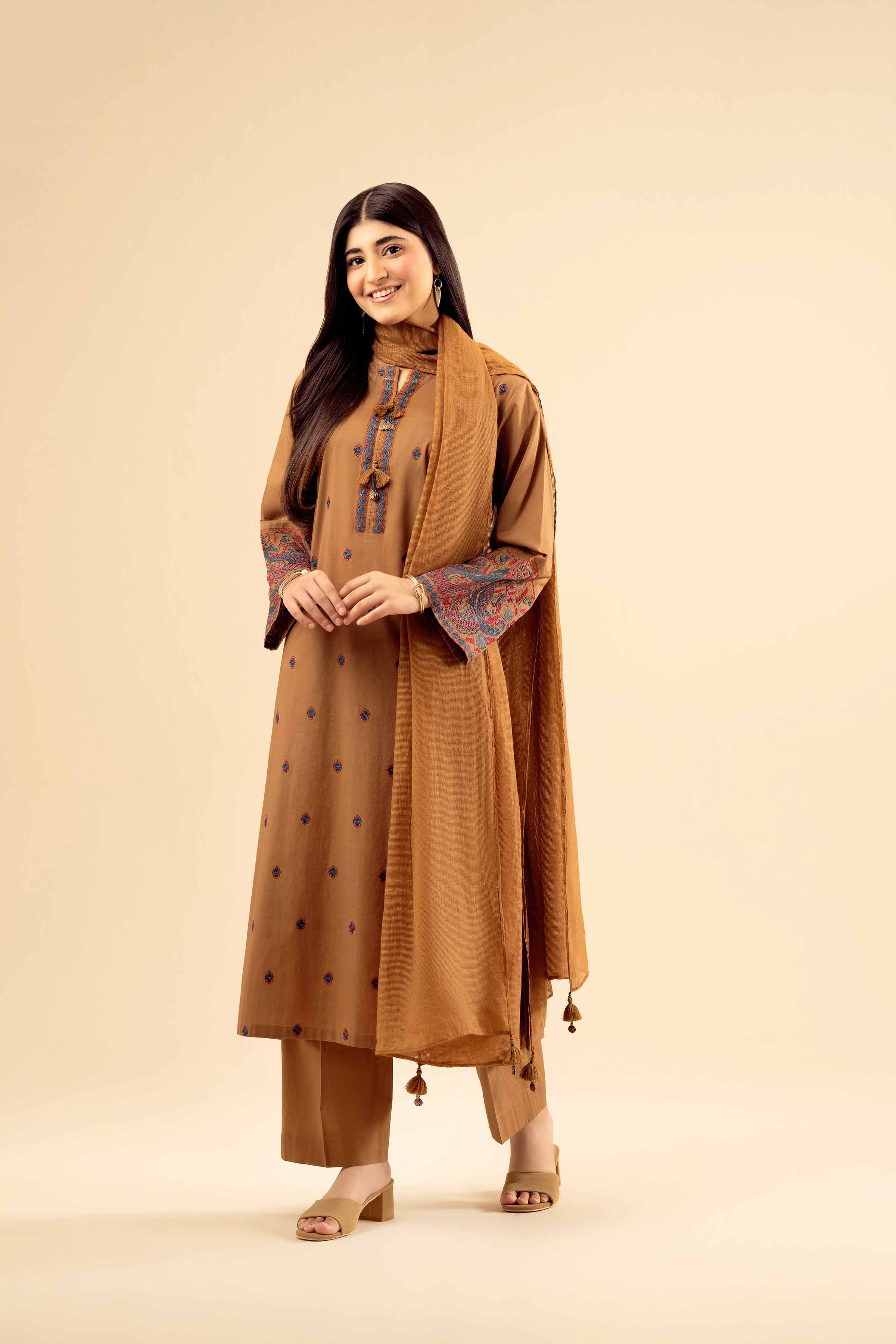 NISHATUAE - Brown Embroidered Cambric 3-piece Ready to wear Suit