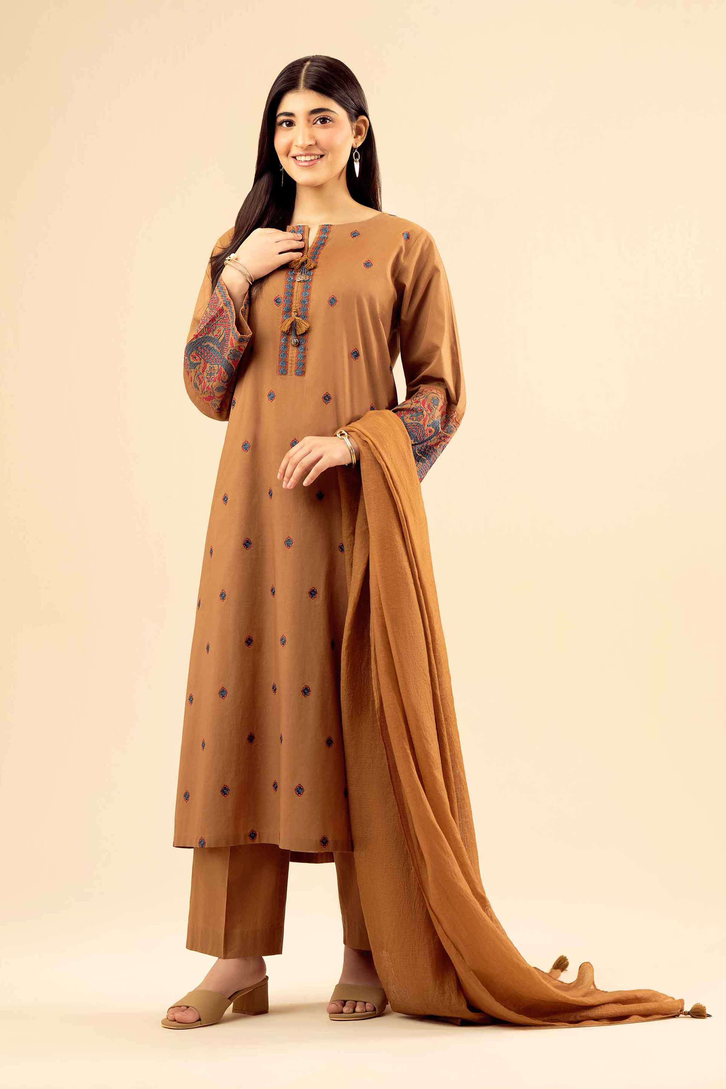 NISHATUAE - Brown Embroidered Cambric 3-piece Ready to wear Suit