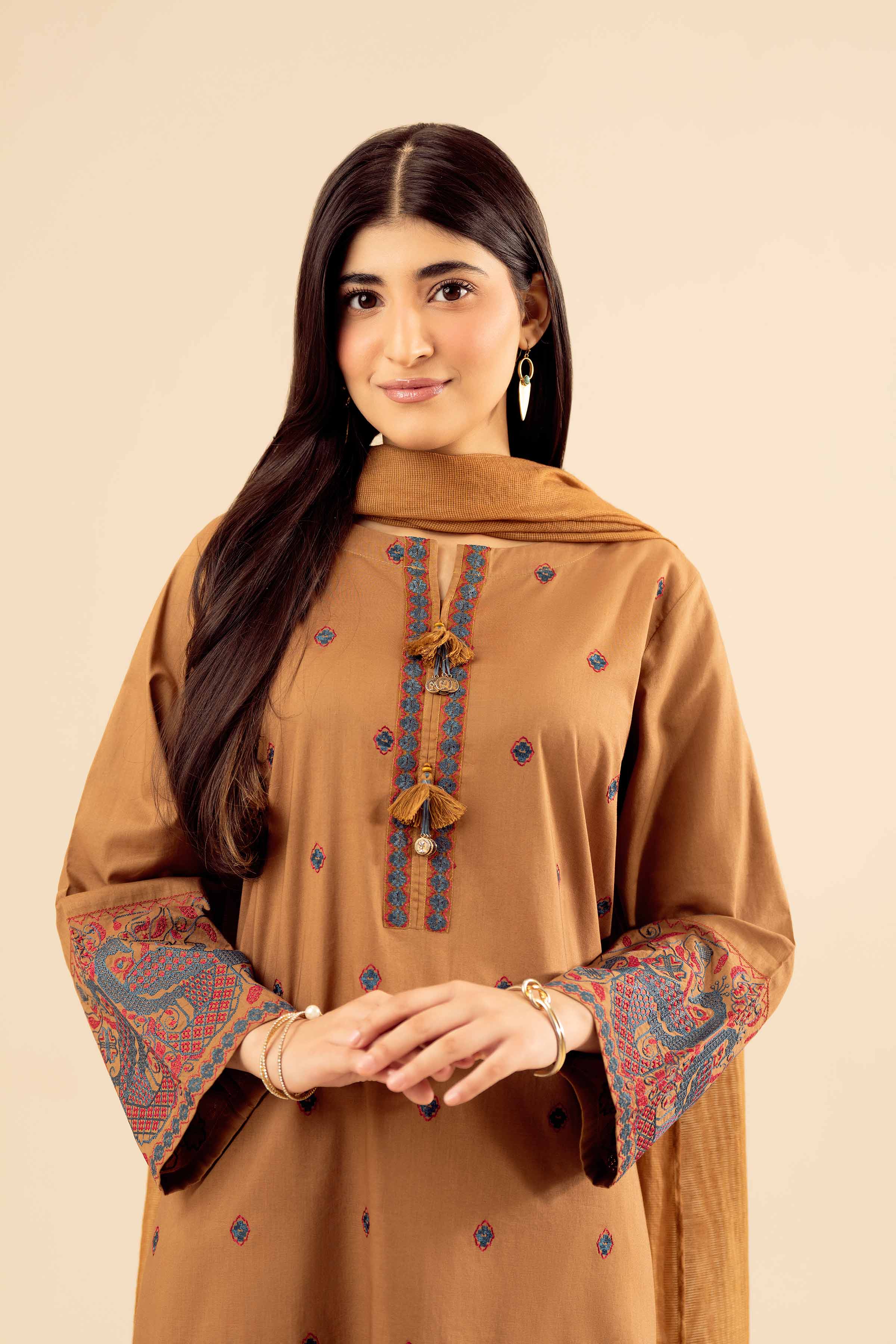 NISHATUAE - Brown Embroidered Cambric 3-piece Ready to wear Suit