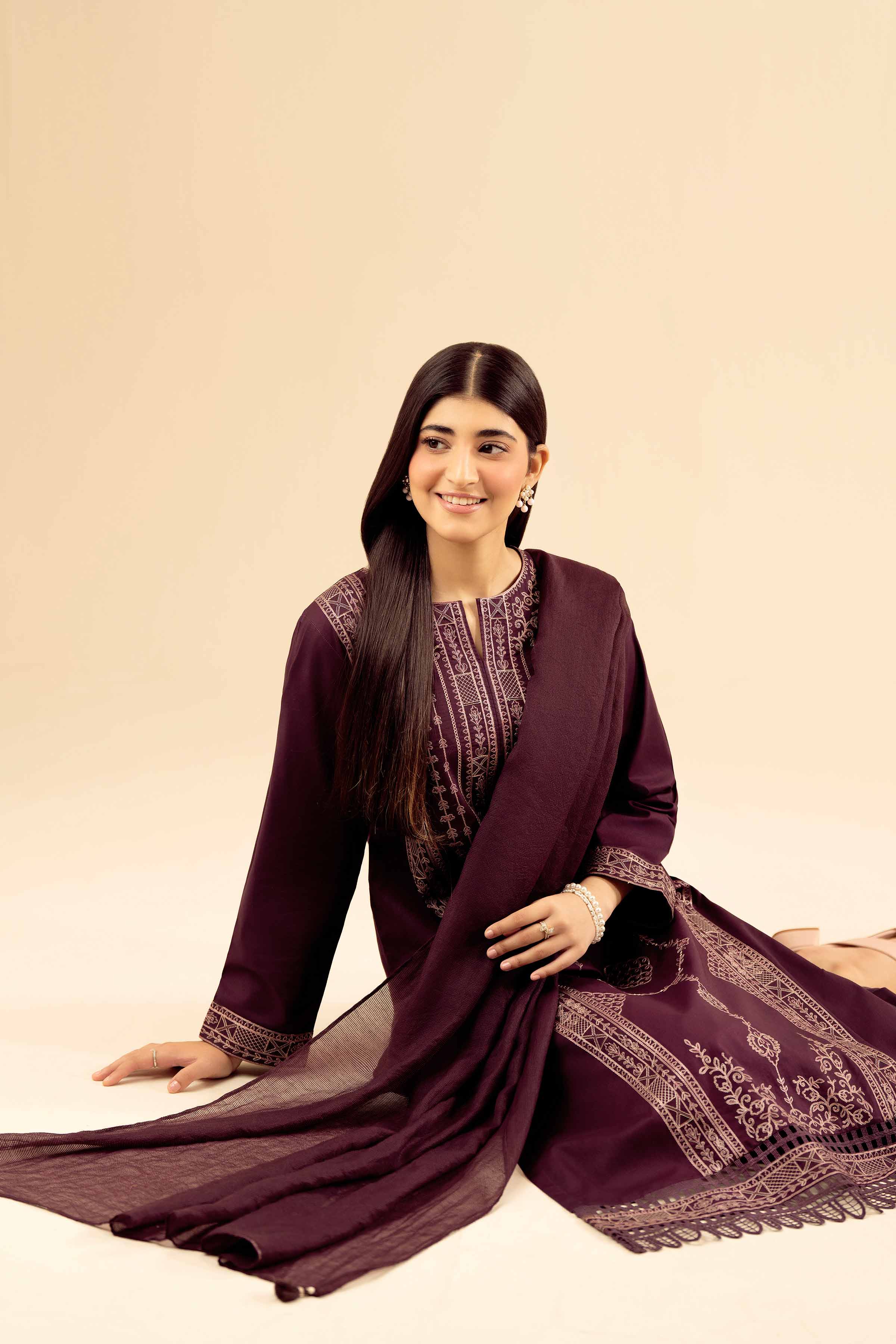 NISHATUAE - Maroon Embroidered Cambric 3-piece Ready to wear Suit