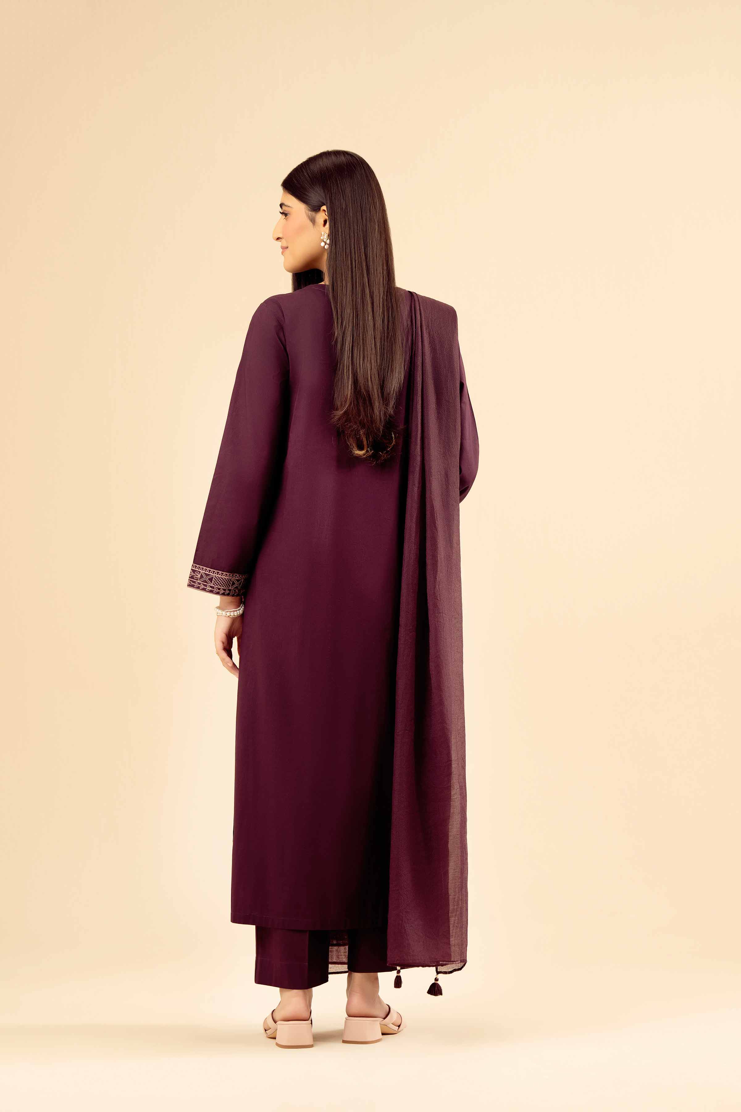 NISHATUAE - Maroon Embroidered Cambric 3-piece Ready to wear Suit