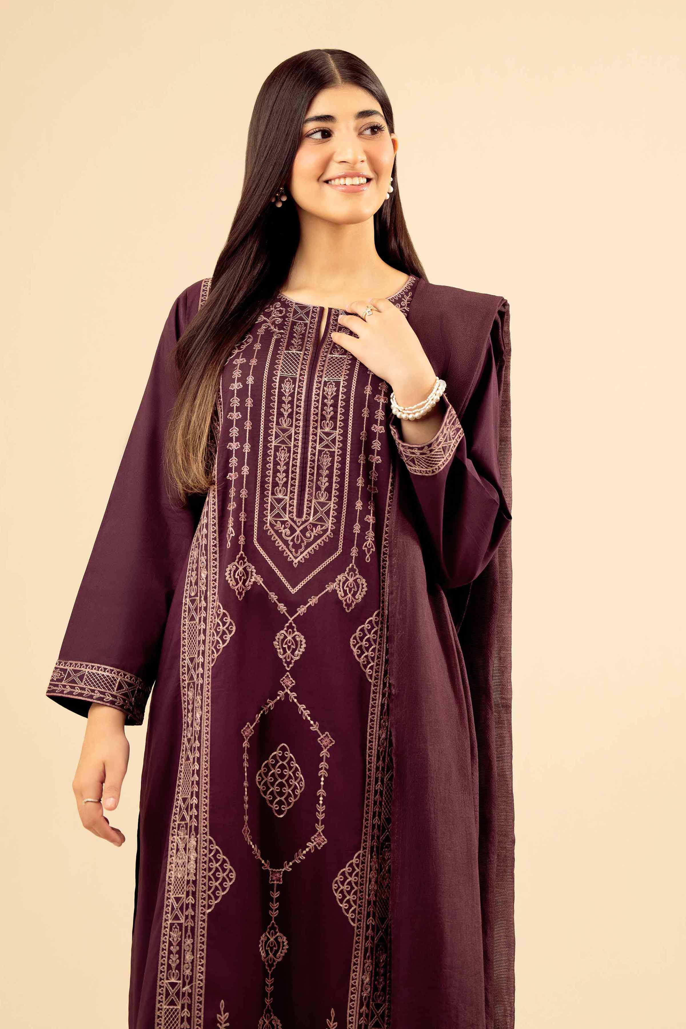 NISHATUAE - Maroon Embroidered Cambric 3-piece Ready to wear Suit