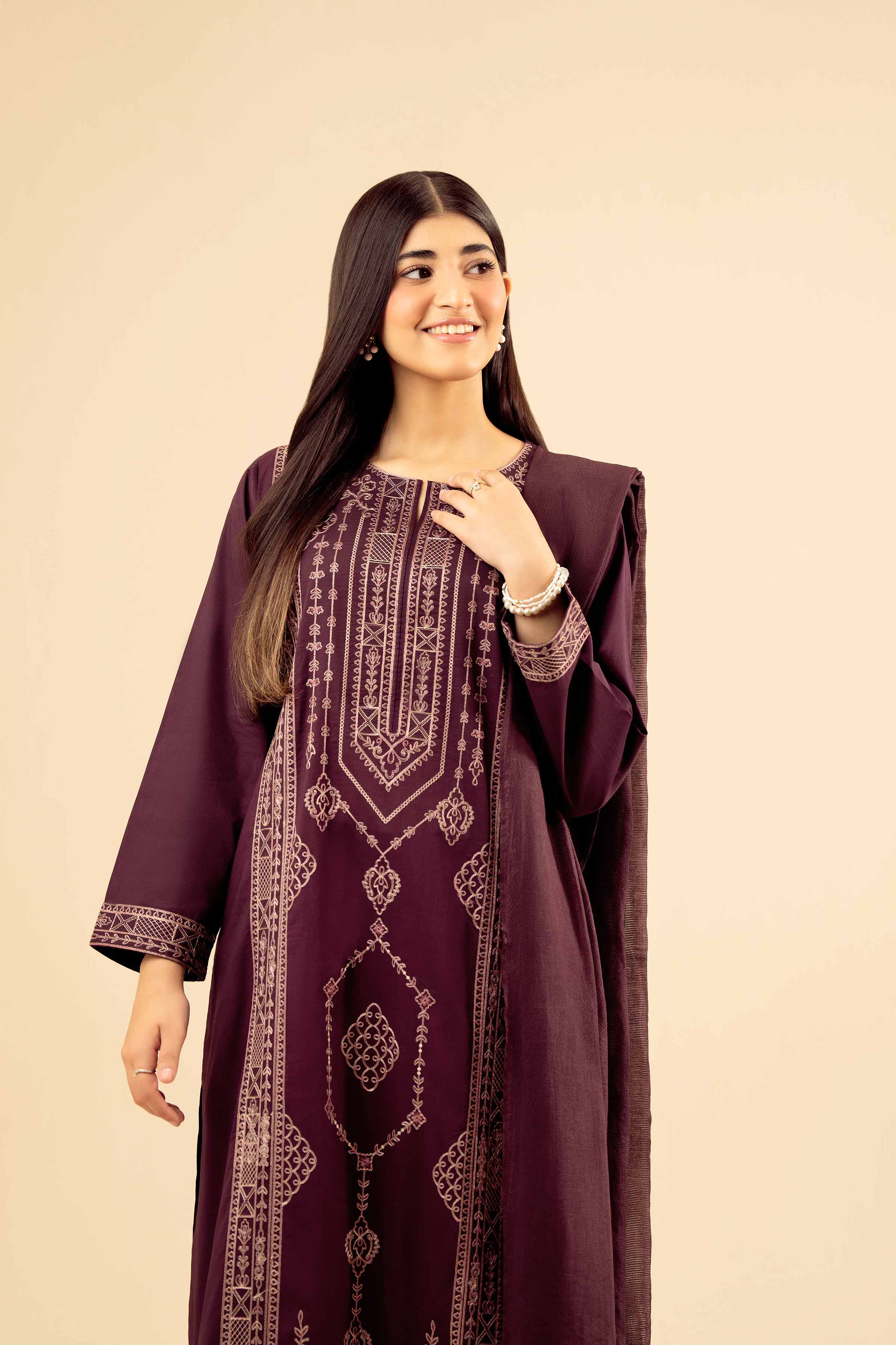 NISHATUAE - Maroon Embroidered Cambric 3-piece Ready to wear Suit