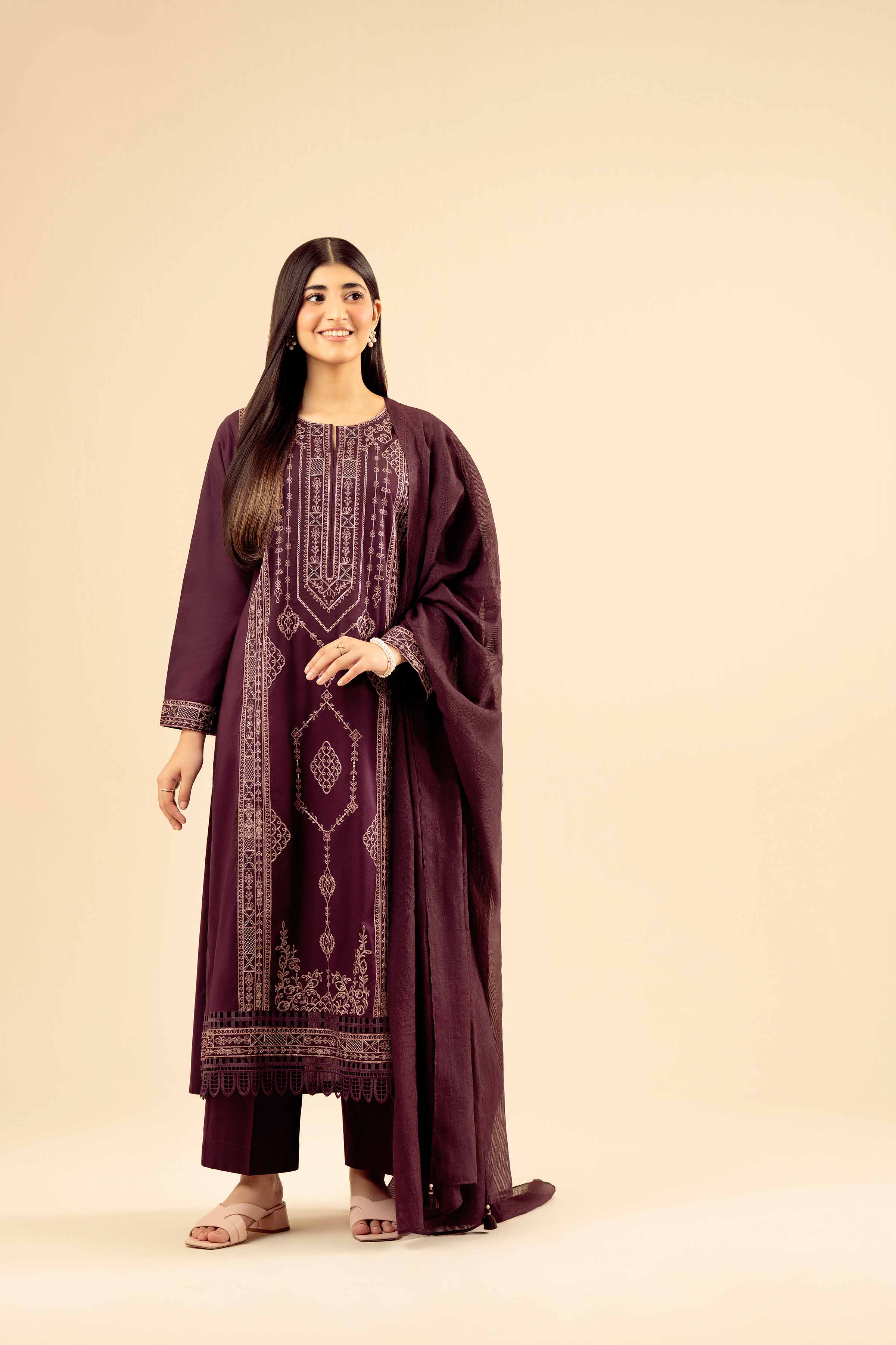 NISHATUAE - Maroon Embroidered Cambric 3-piece Ready to wear Suit