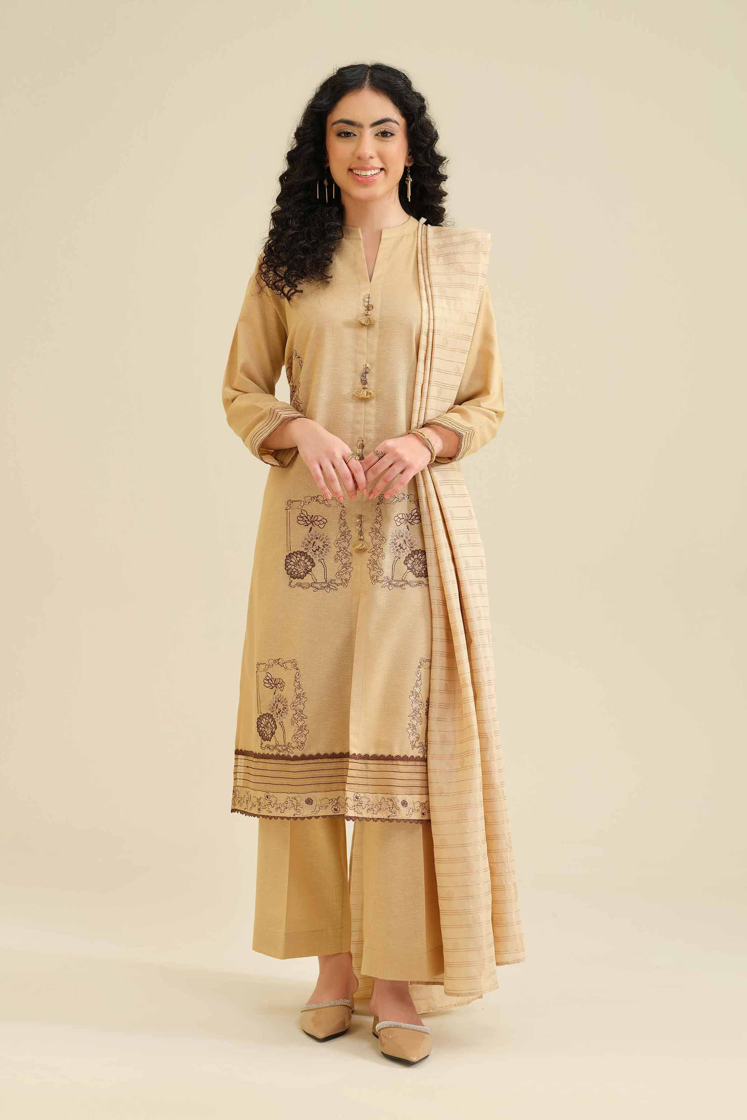 NISHATUAE - Beige Embroidered Karandi 3-piece Ready to wear Suit