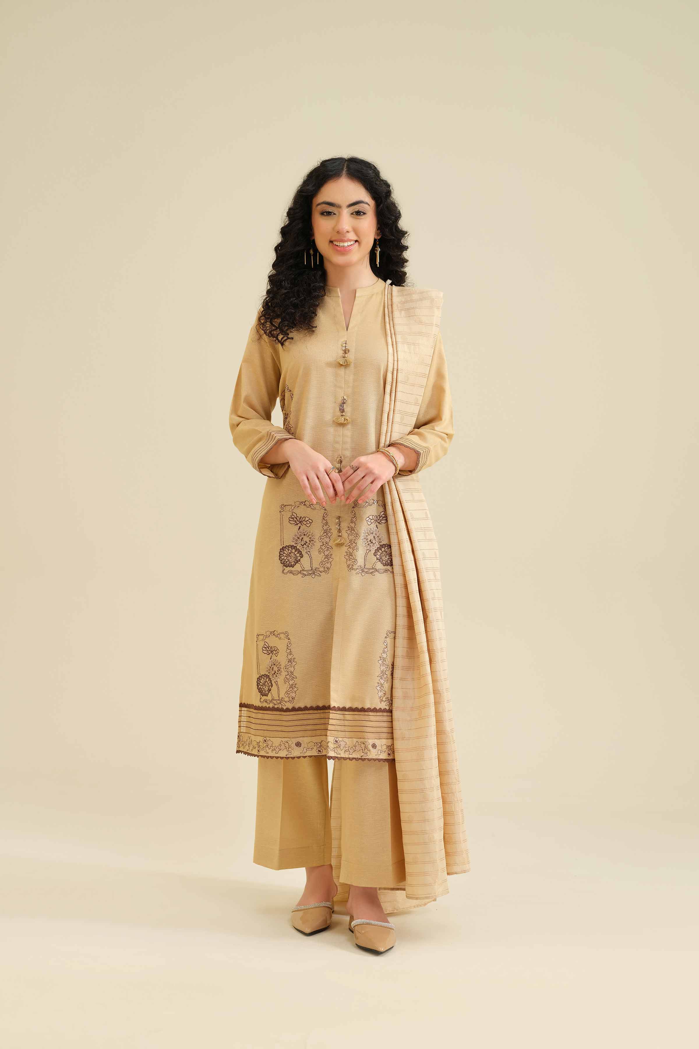 NISHATUAE - Beige Embroidered Karandi 3-piece Ready to wear Suit