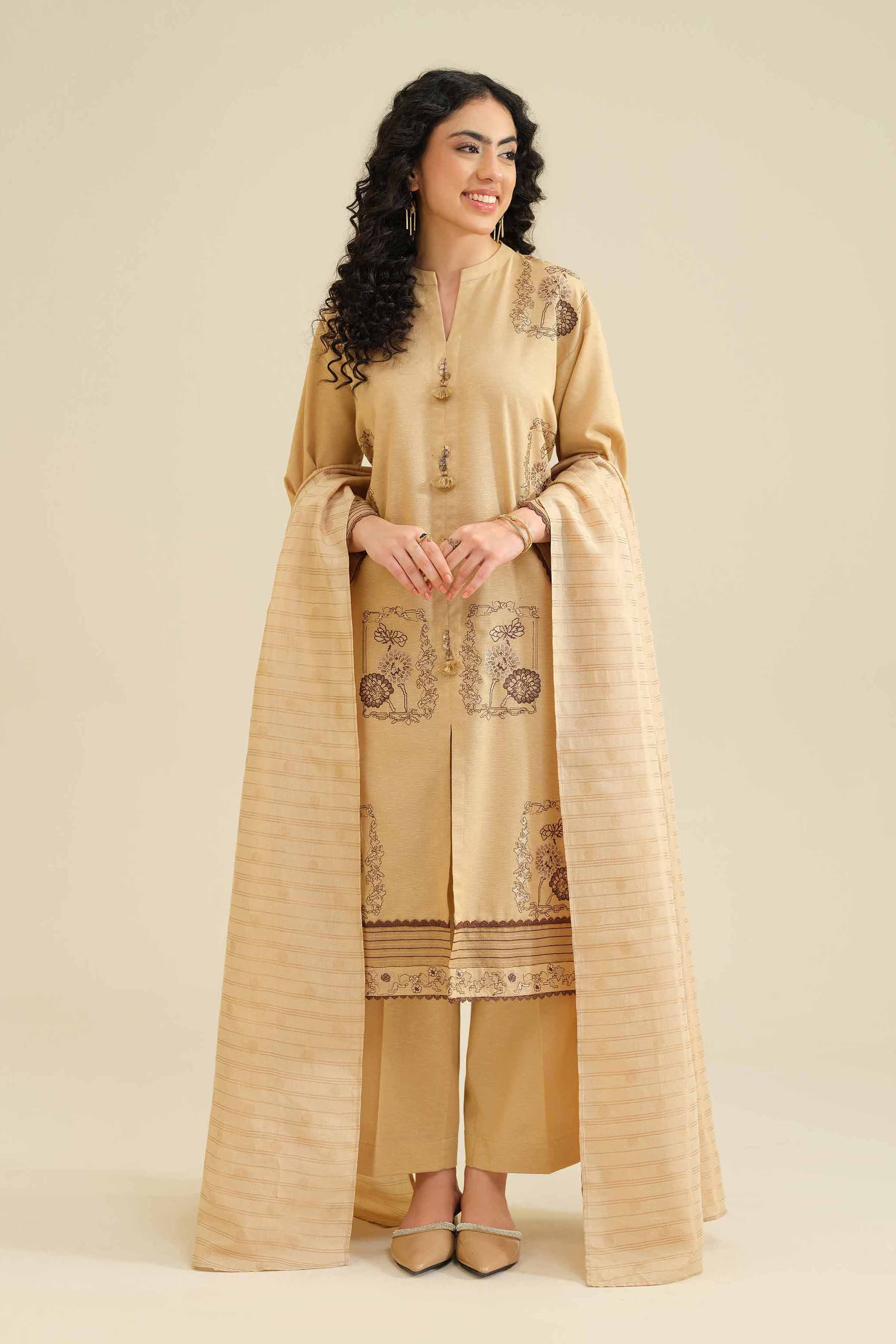 NISHATUAE - Beige Embroidered Karandi 3-piece Ready to wear Suit