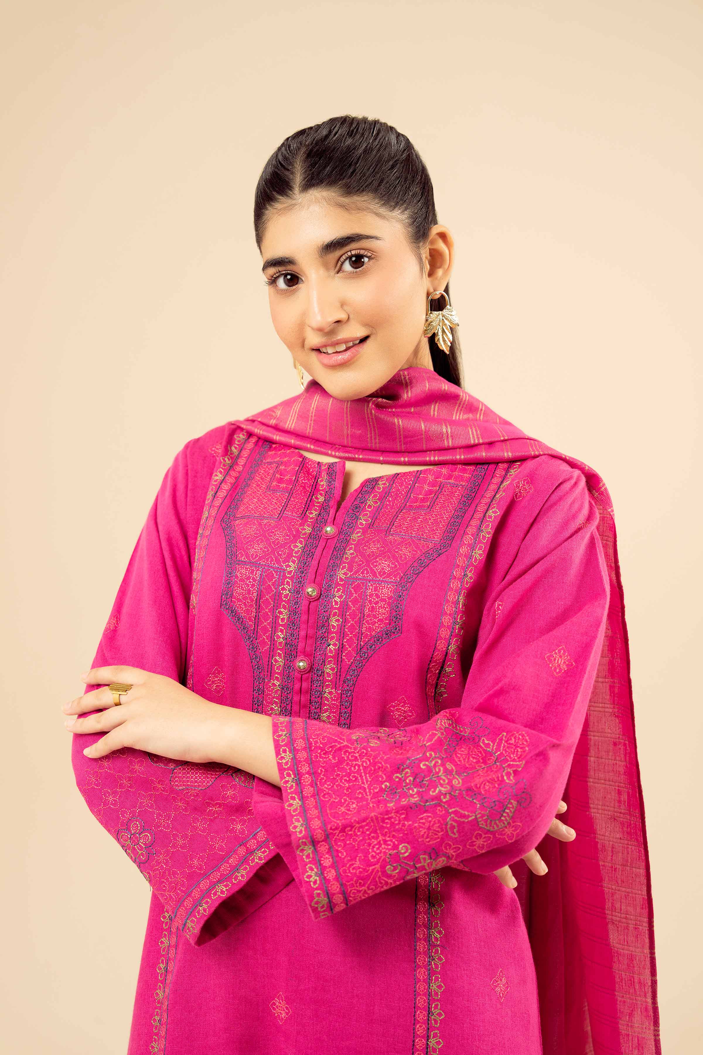NISHATUAE - Pink Embroidered Karandi 3-piece Ready to wear Suit