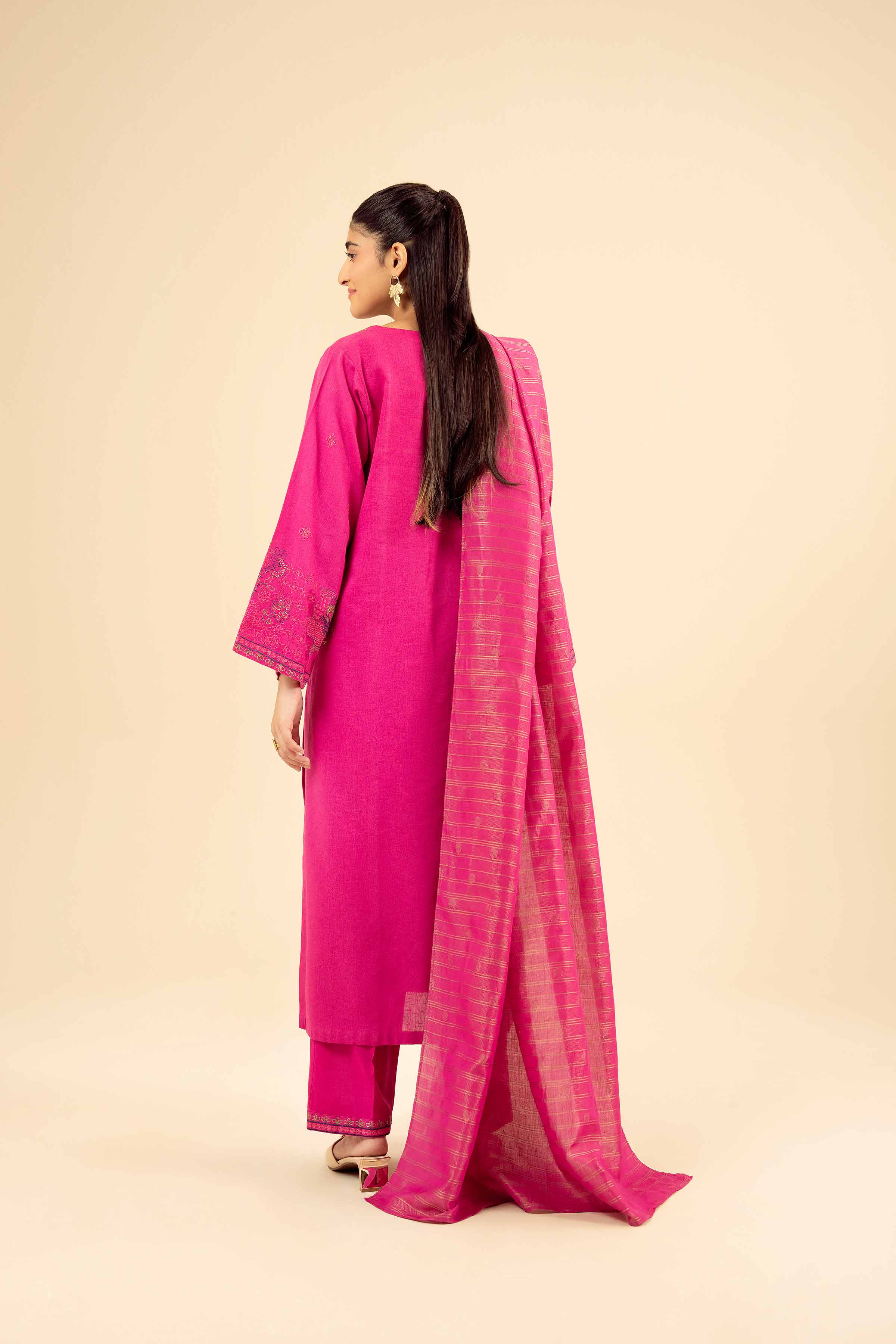 NISHATUAE - Pink Embroidered Karandi 3-piece Ready to wear Suit