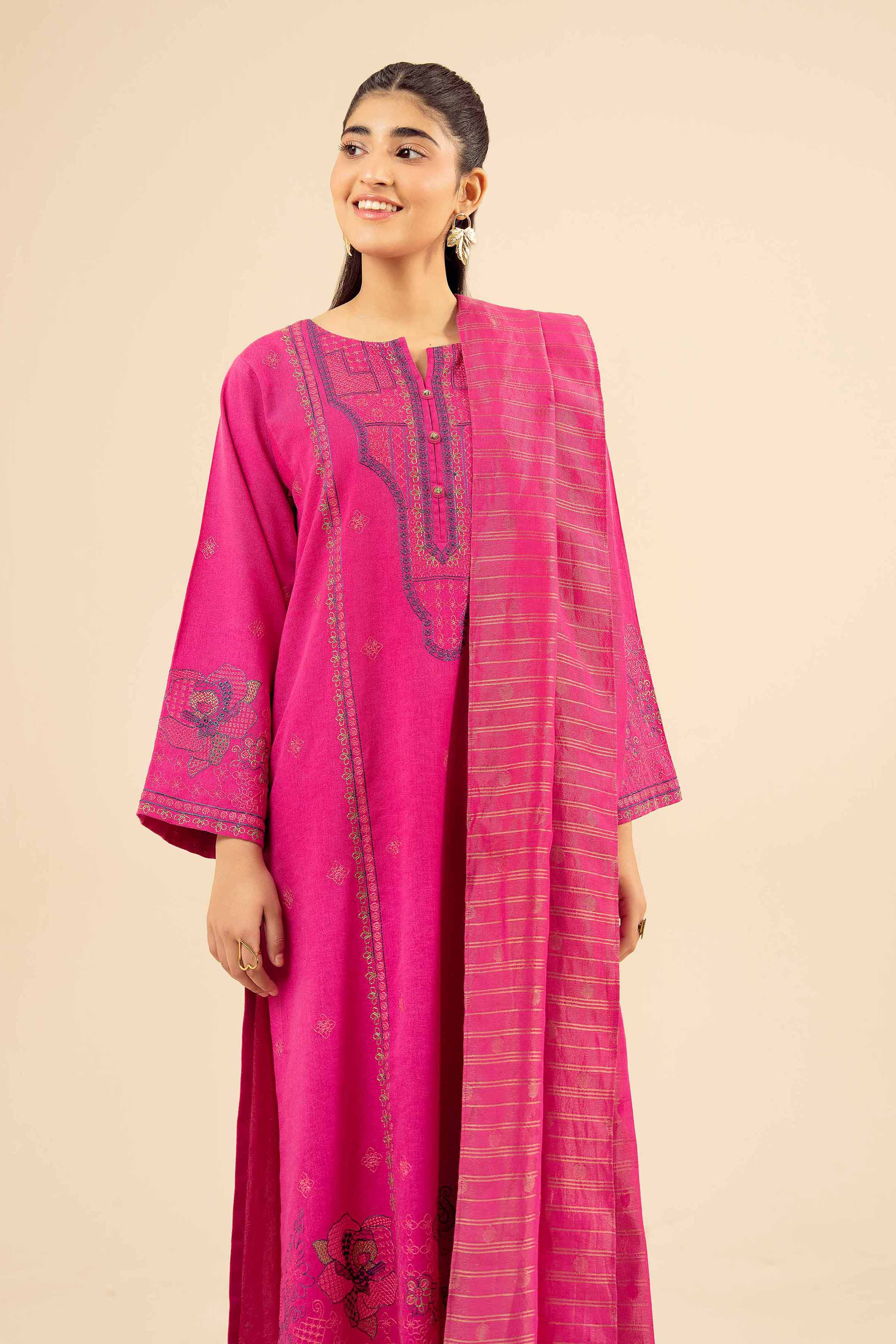 NISHATUAE - Pink Embroidered Karandi 3-piece Ready to wear Suit
