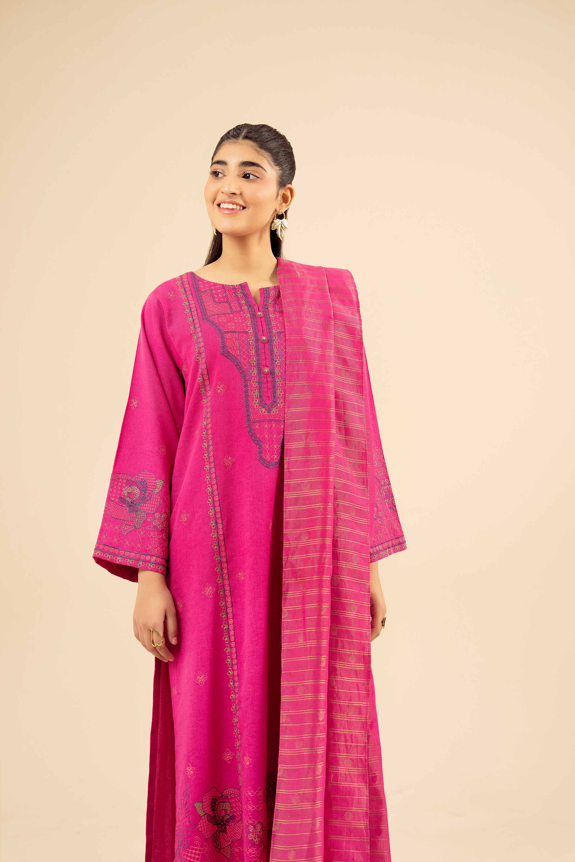 NISHATUAE - Pink Embroidered Karandi 3-piece Ready to wear Suit