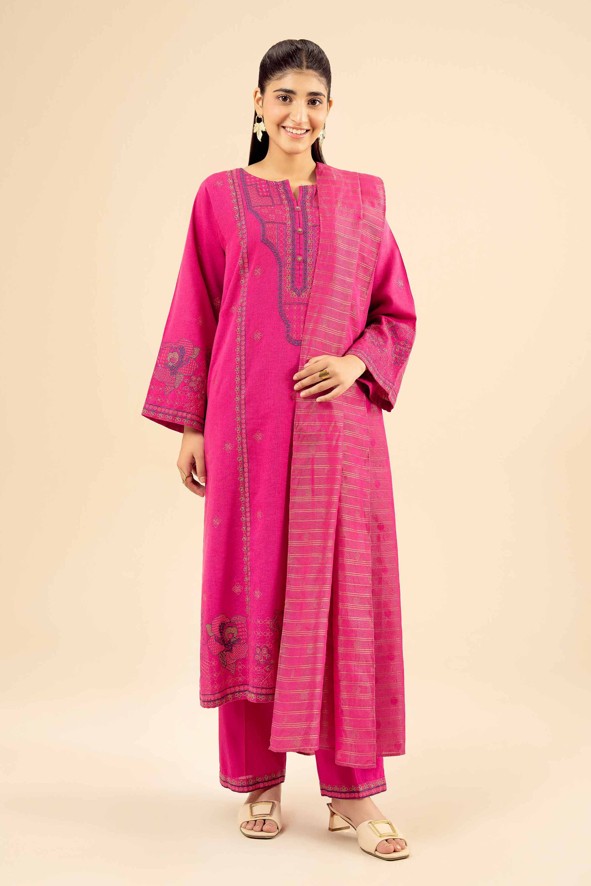 NISHATUAE - Pink Embroidered Karandi 3-piece Ready to wear Suit