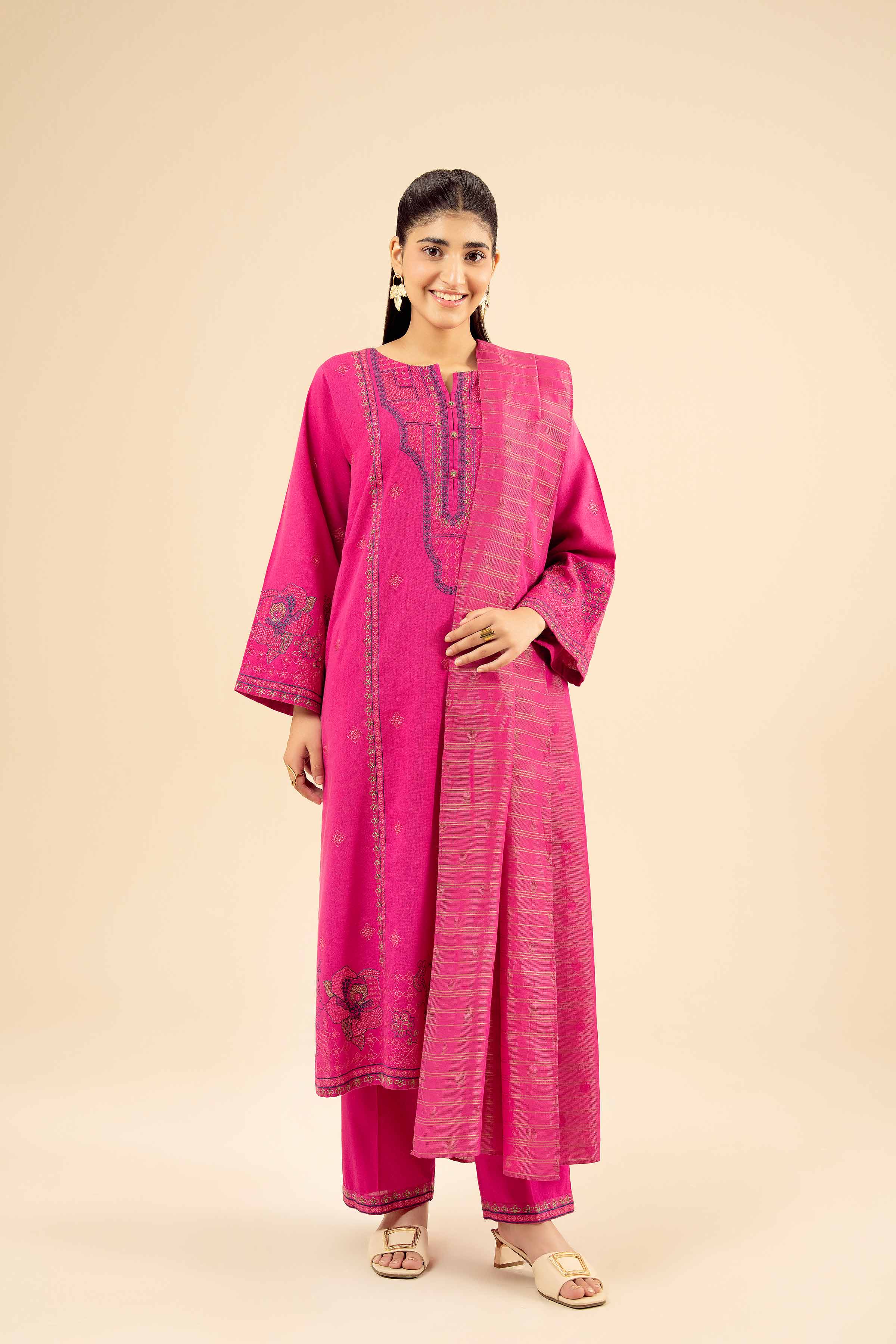 NISHATUAE - Pink Embroidered Karandi 3-piece Ready to wear Suit