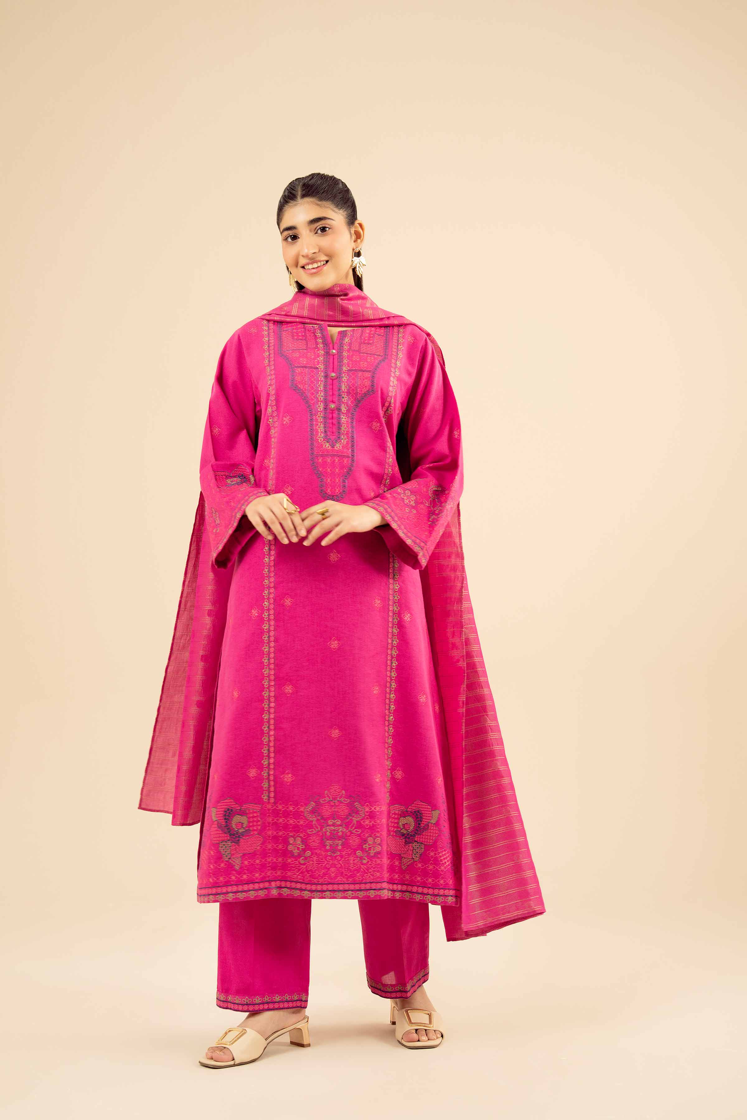NISHATUAE - Pink Embroidered Karandi 3-piece Ready to wear Suit