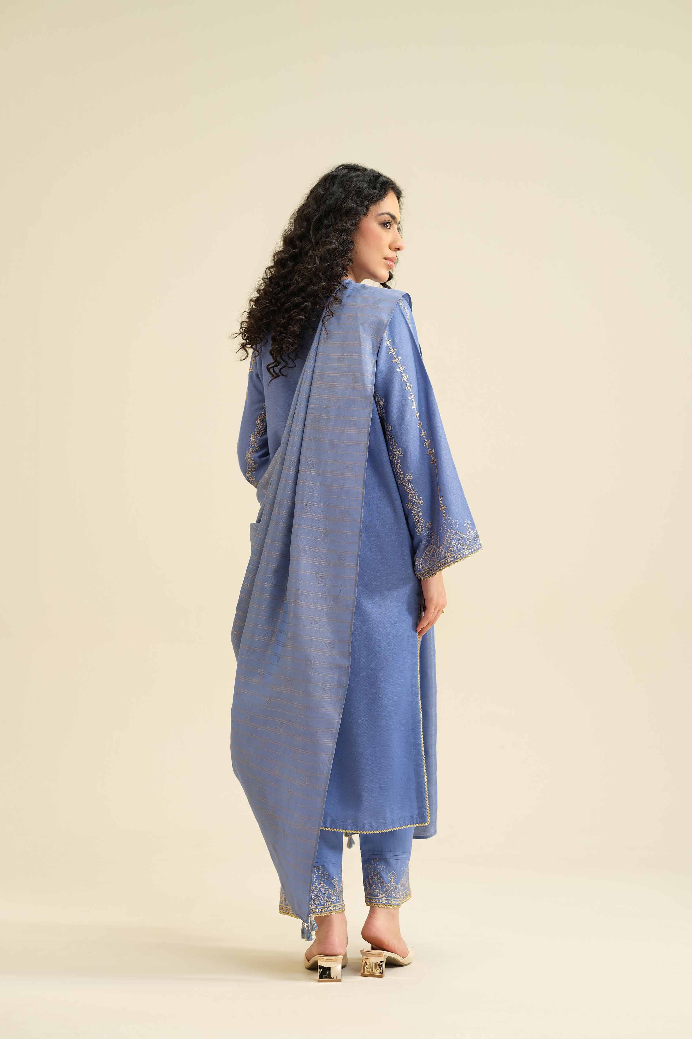 NISHATUAE - Blue Embroidered Karandi 3-piece Ready to wear Suit