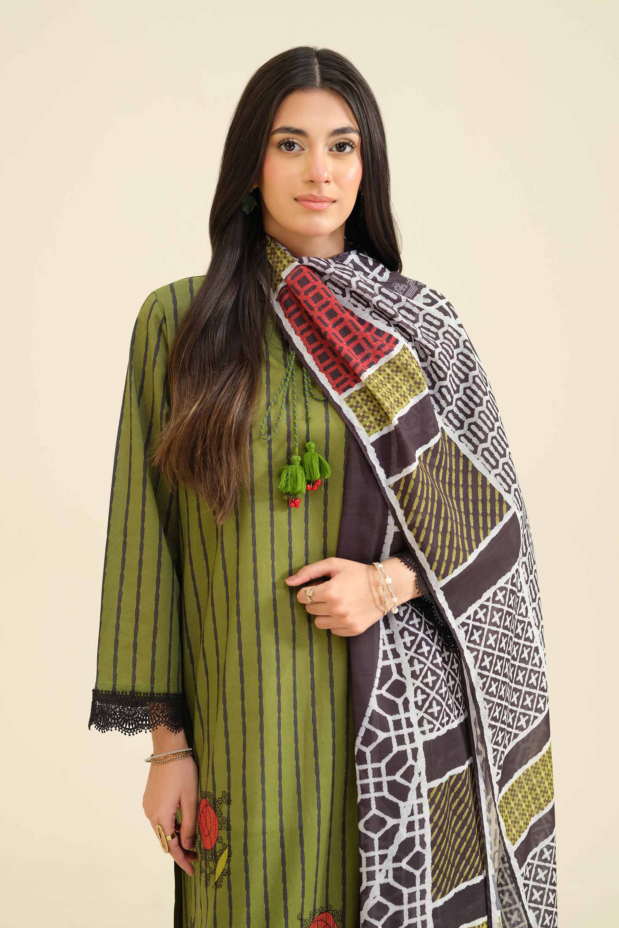 NISHATUAE - Green Embroidered Cambric 3-piece Ready to wear Suit