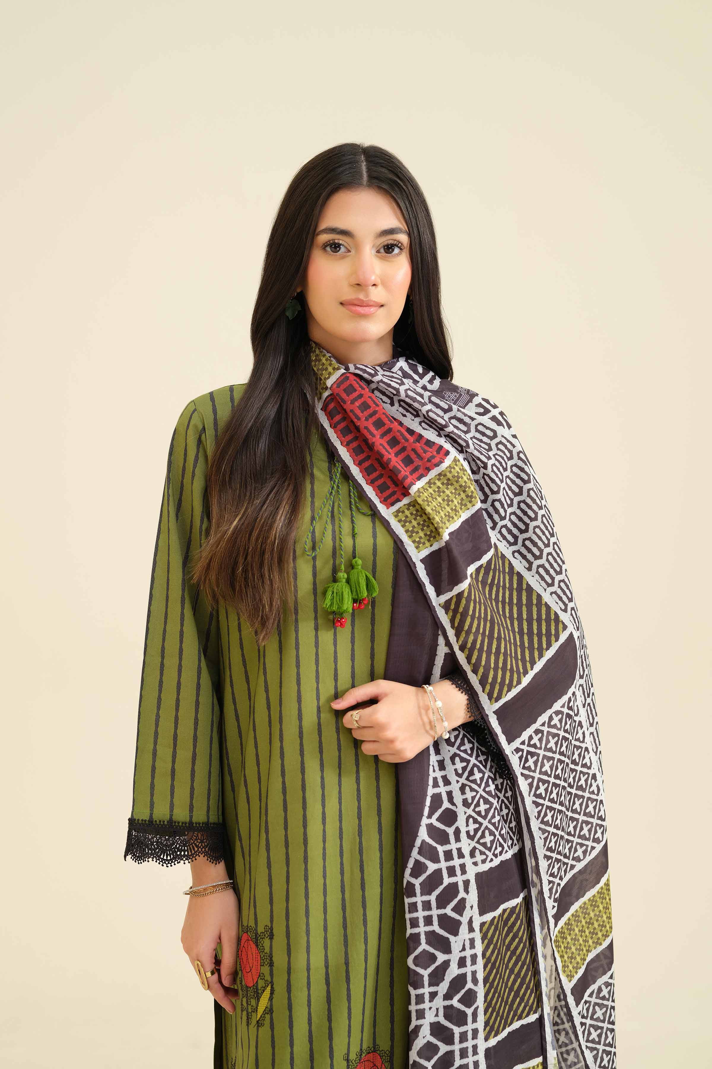 NISHATUAE - Green Embroidered Cambric 3-piece Ready to wear Suit