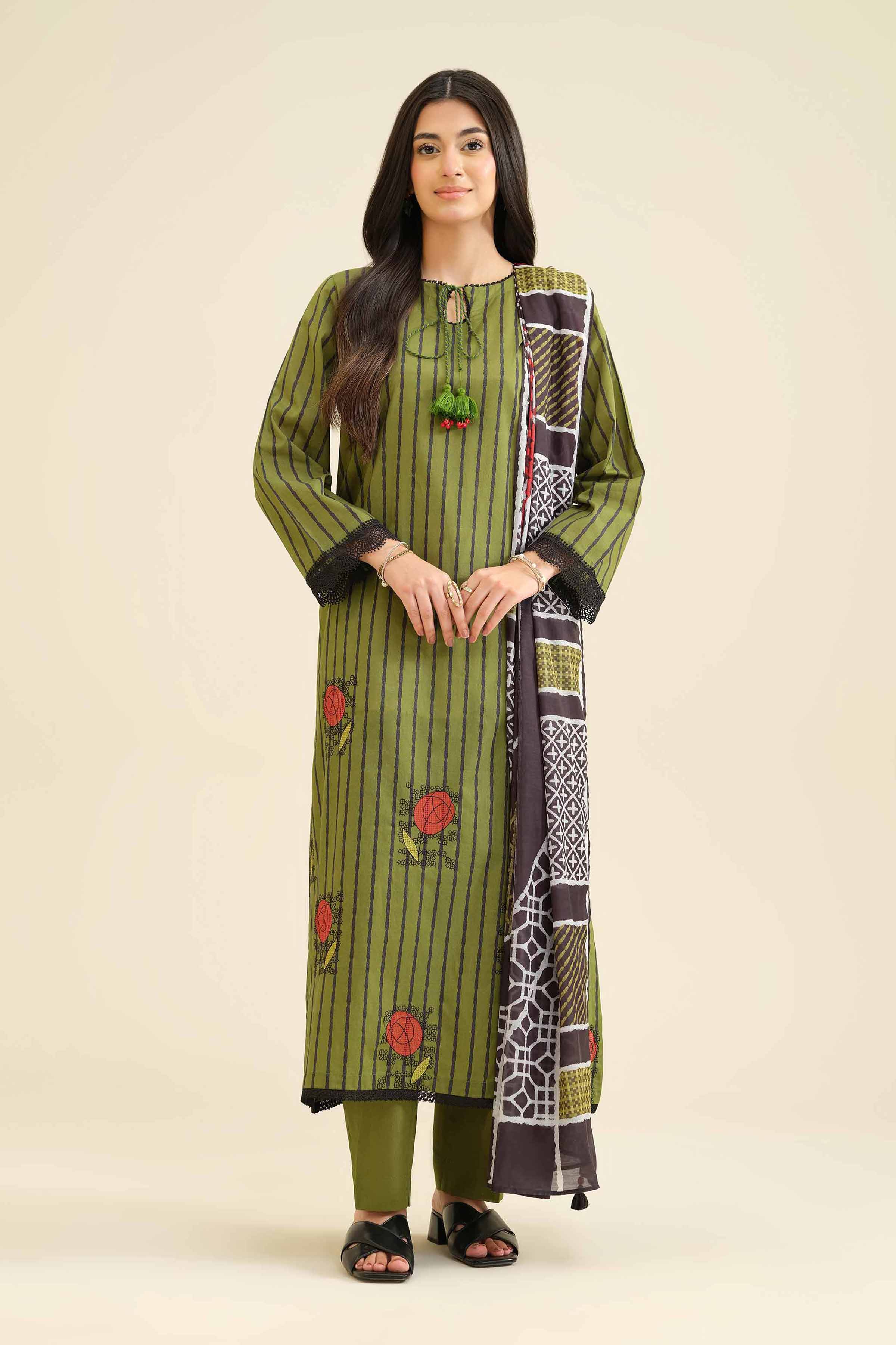 NISHATUAE - Green Embroidered Cambric 3-piece Ready to wear Suit