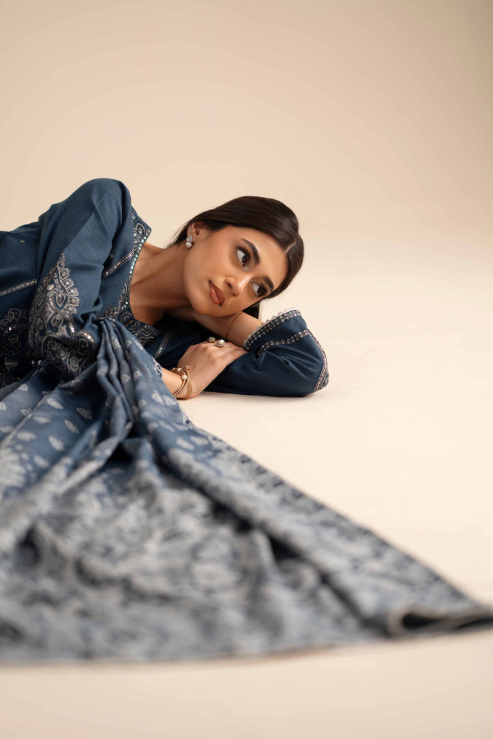 NISHATUAE - Blue Embroidered Karandi 3-piece Ready to wear Suit